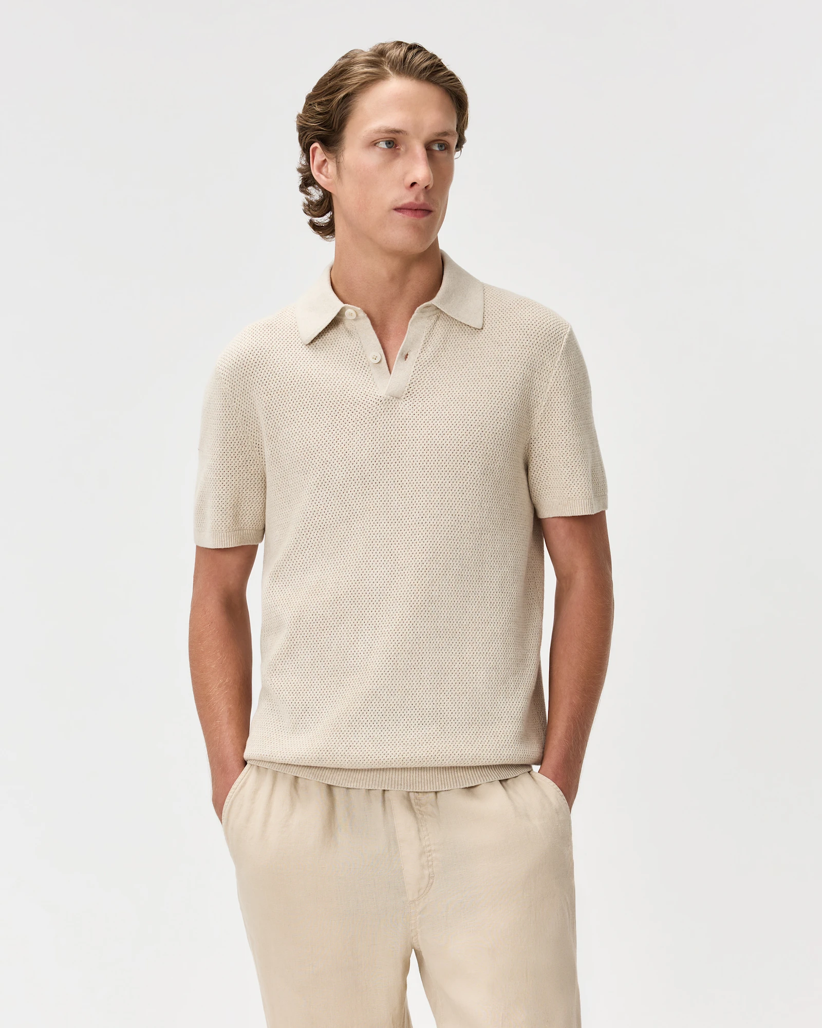 100% Organic Cotton Mesh-Stitch Sweater Polo in Speckled Beige