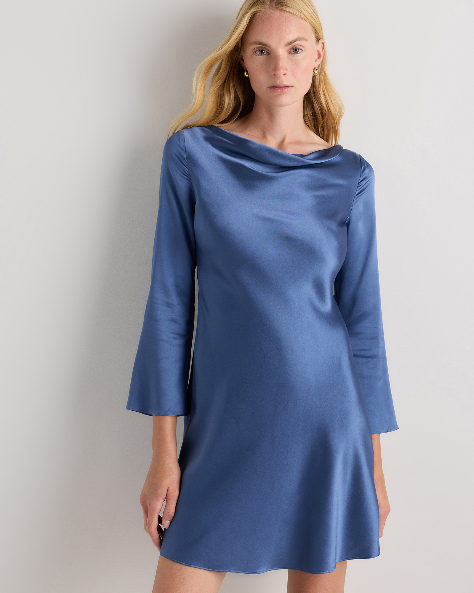 Moonstone Blue 100% Washable Silk Long Sleeve Mini Dress 