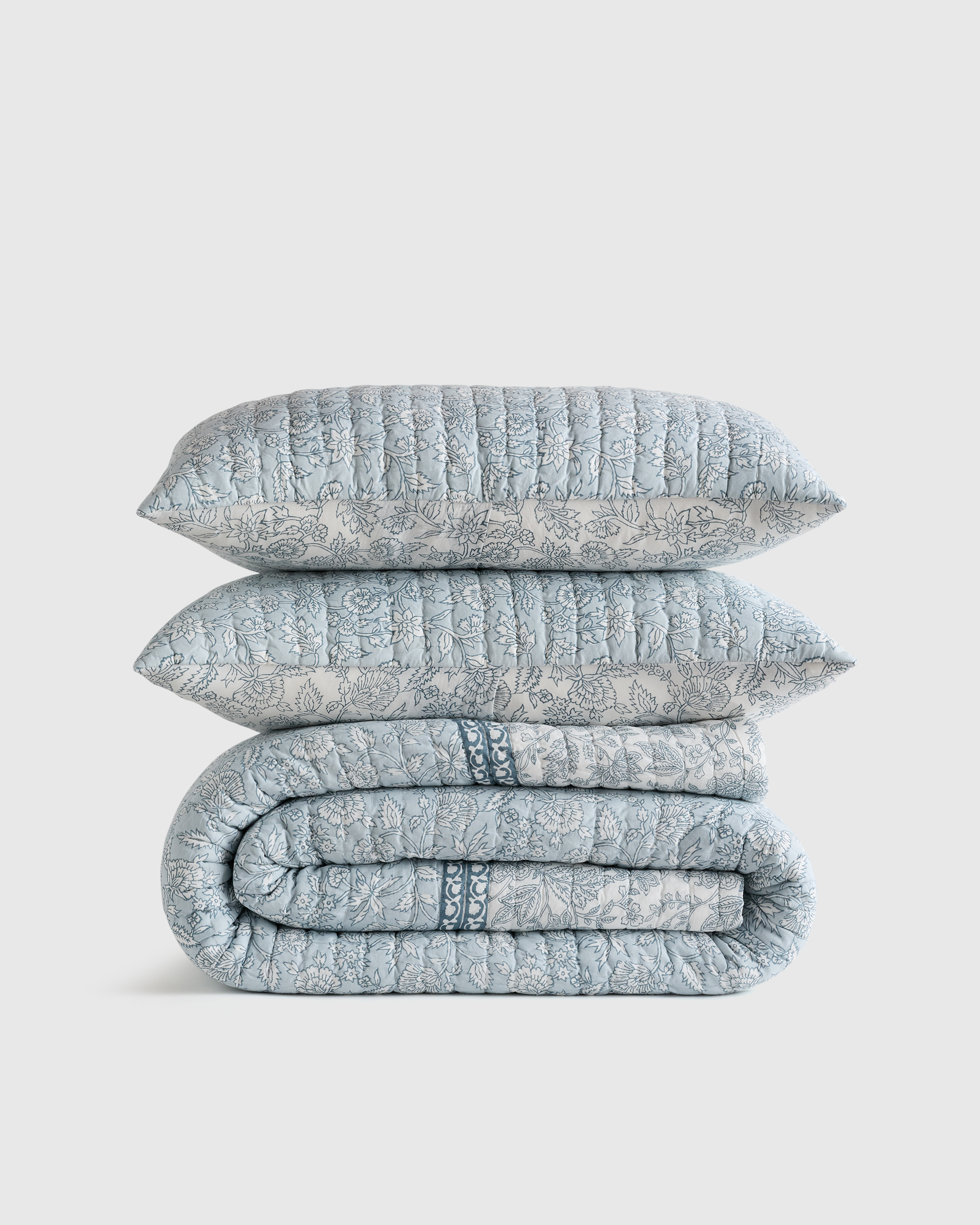 Blue Organic Cotton Block Print Quilt Set