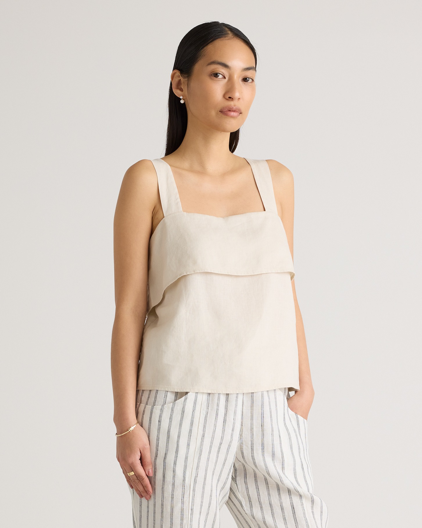 Sand 100% European Linen Square Neck Tank