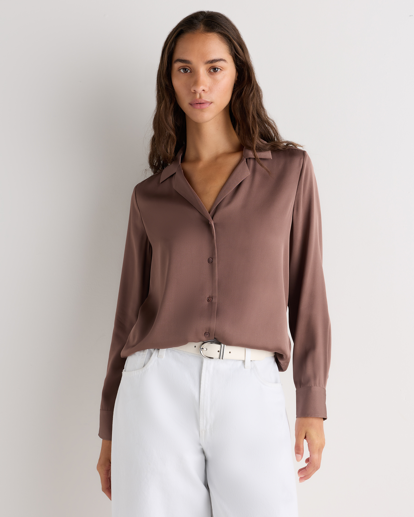 Mink Taupe Washable Stretch Silk Notch Collar Blouse