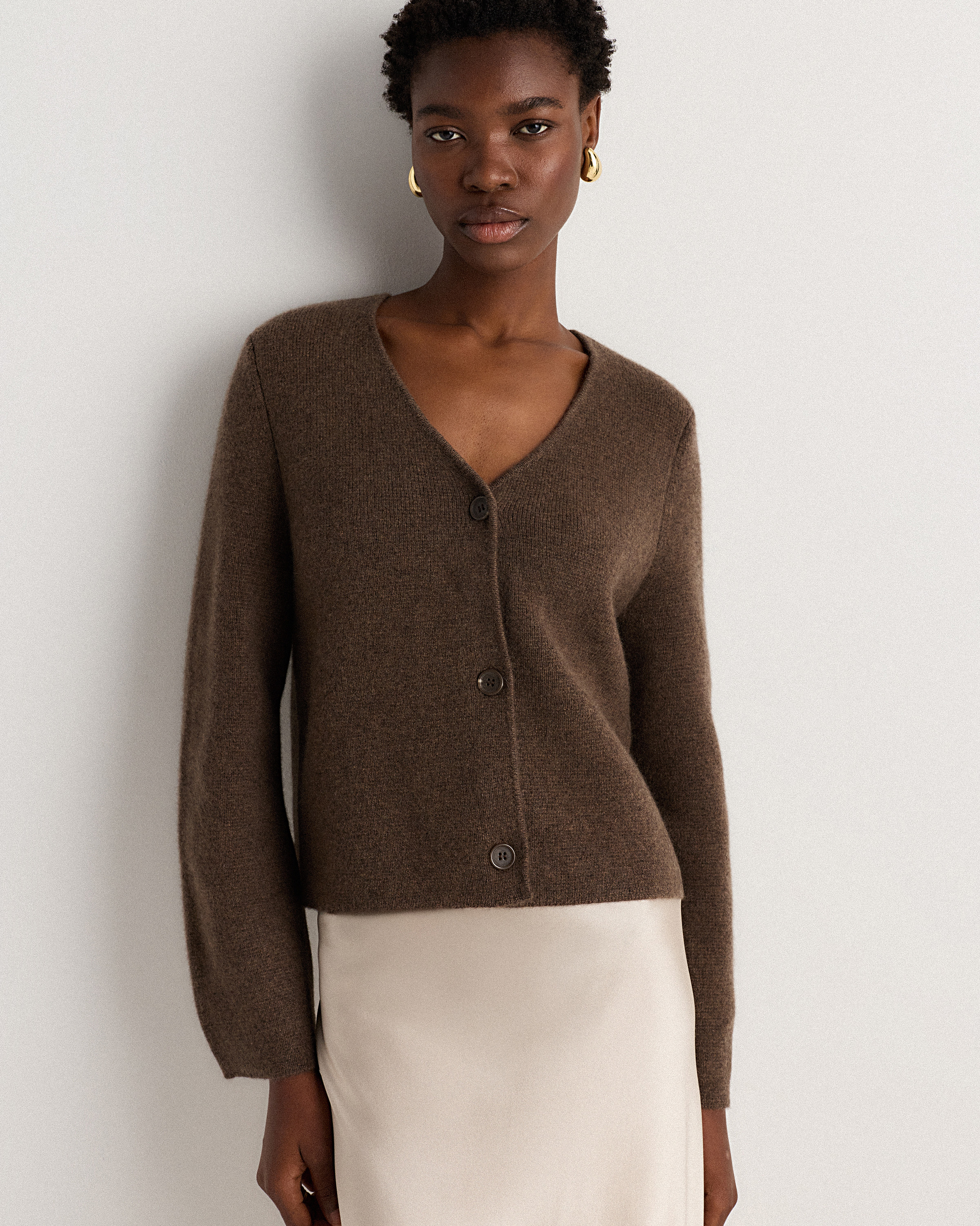 Brown Mongolian Cashmere Structured V-Neck Cardigan