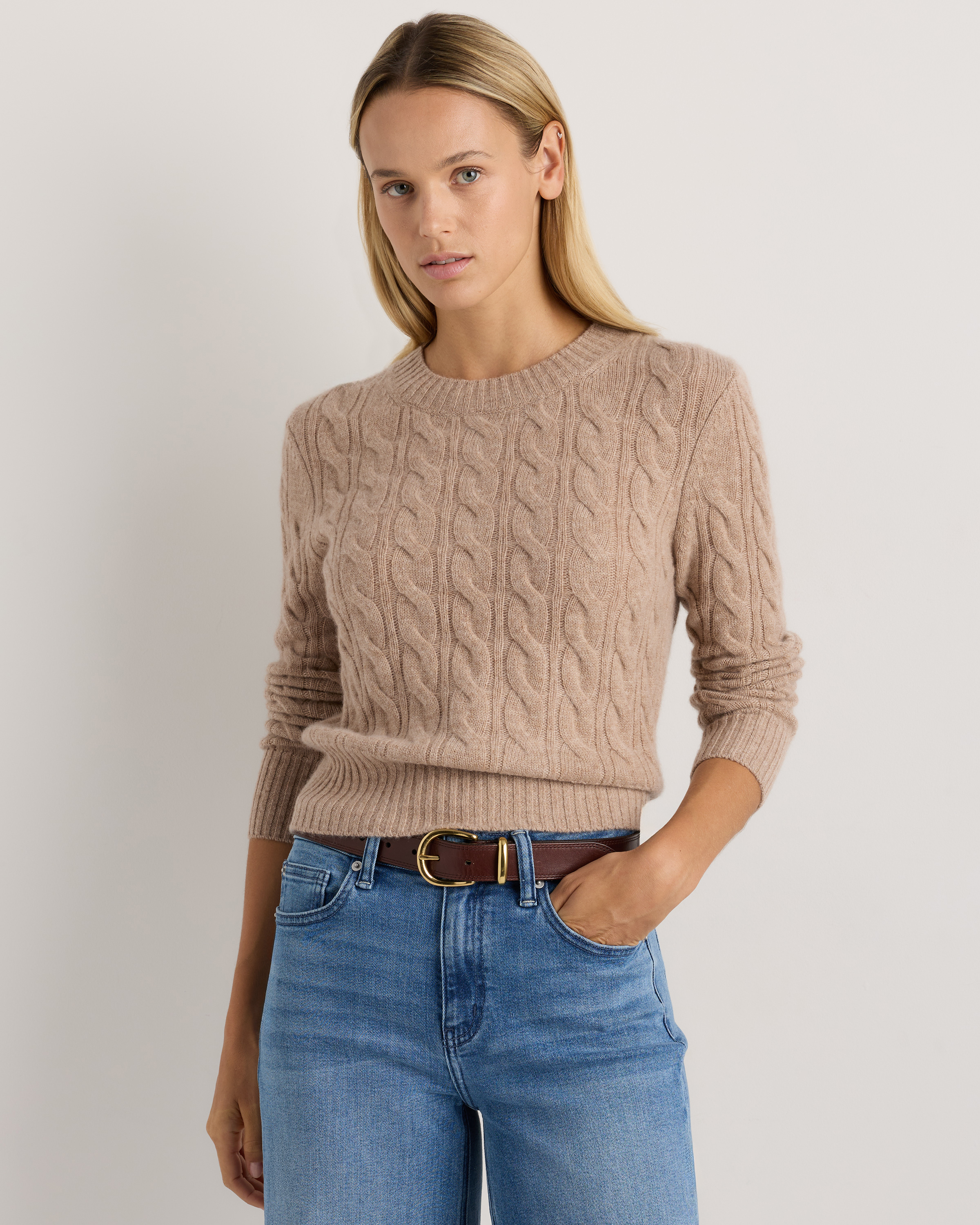 Oatmeal Mongolian Cashmere Shrunken Cable Crewneck Sweater