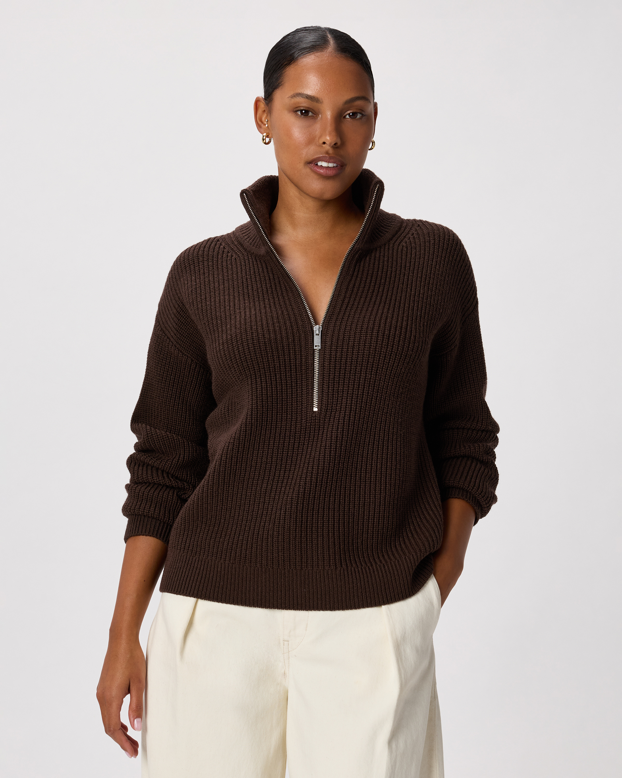 Coffee Bean Brown Australian Merino Wool Half Zip Sweater