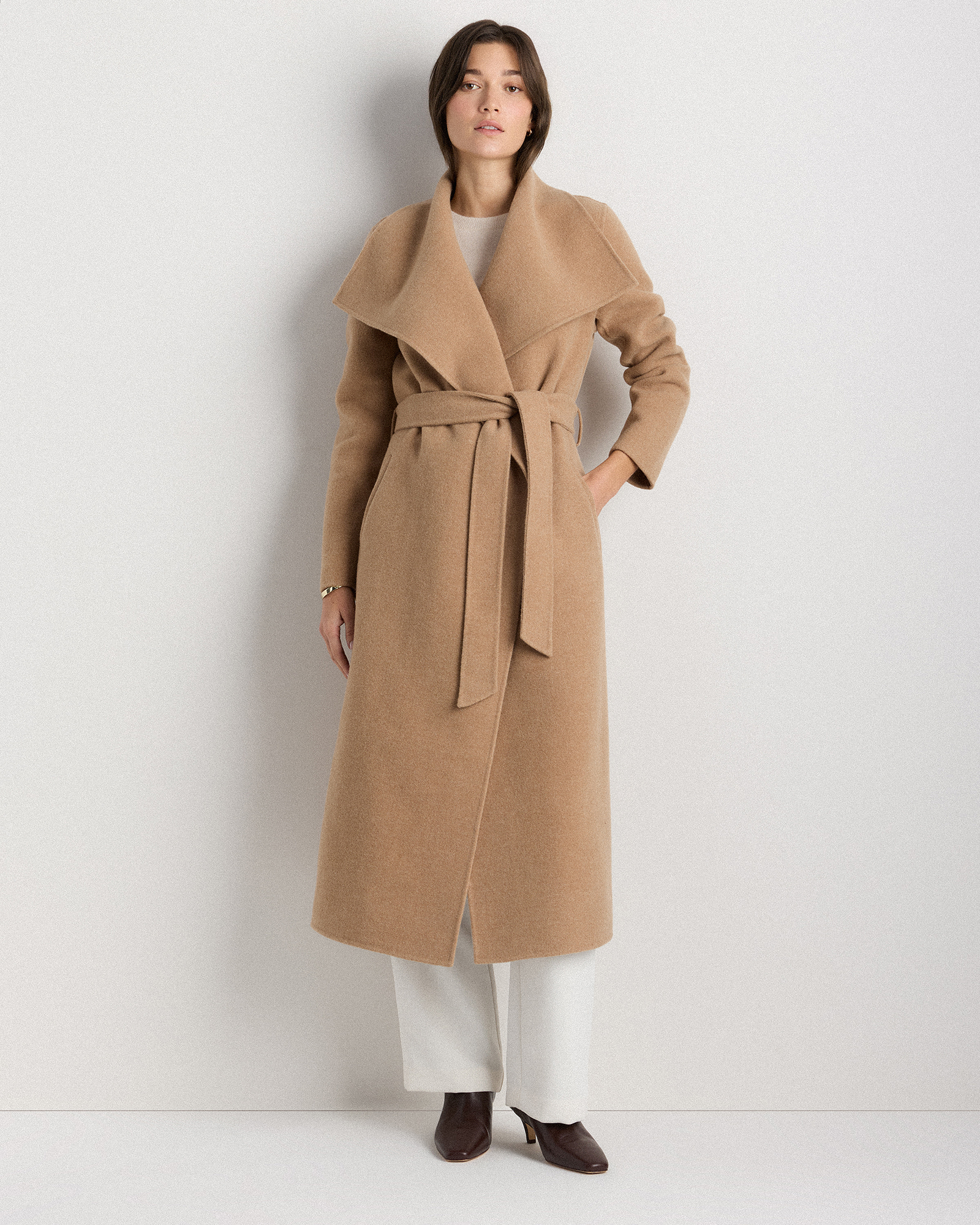 Caramel Double-Faced Merino Wool Draped Collar Wrap Coat