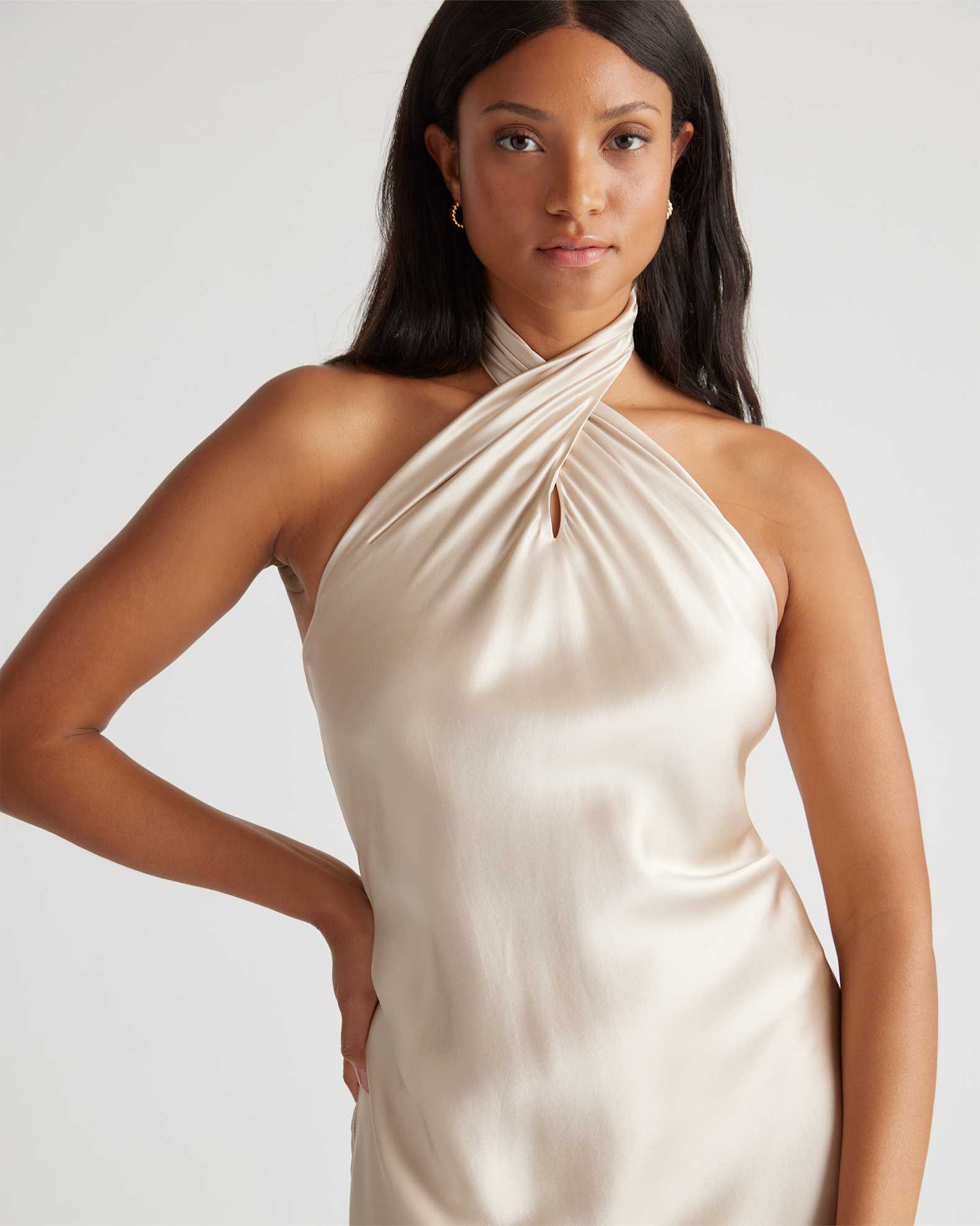 silk twist dress 100% Washable Silk Twist Halter Midi Dress in Champagne