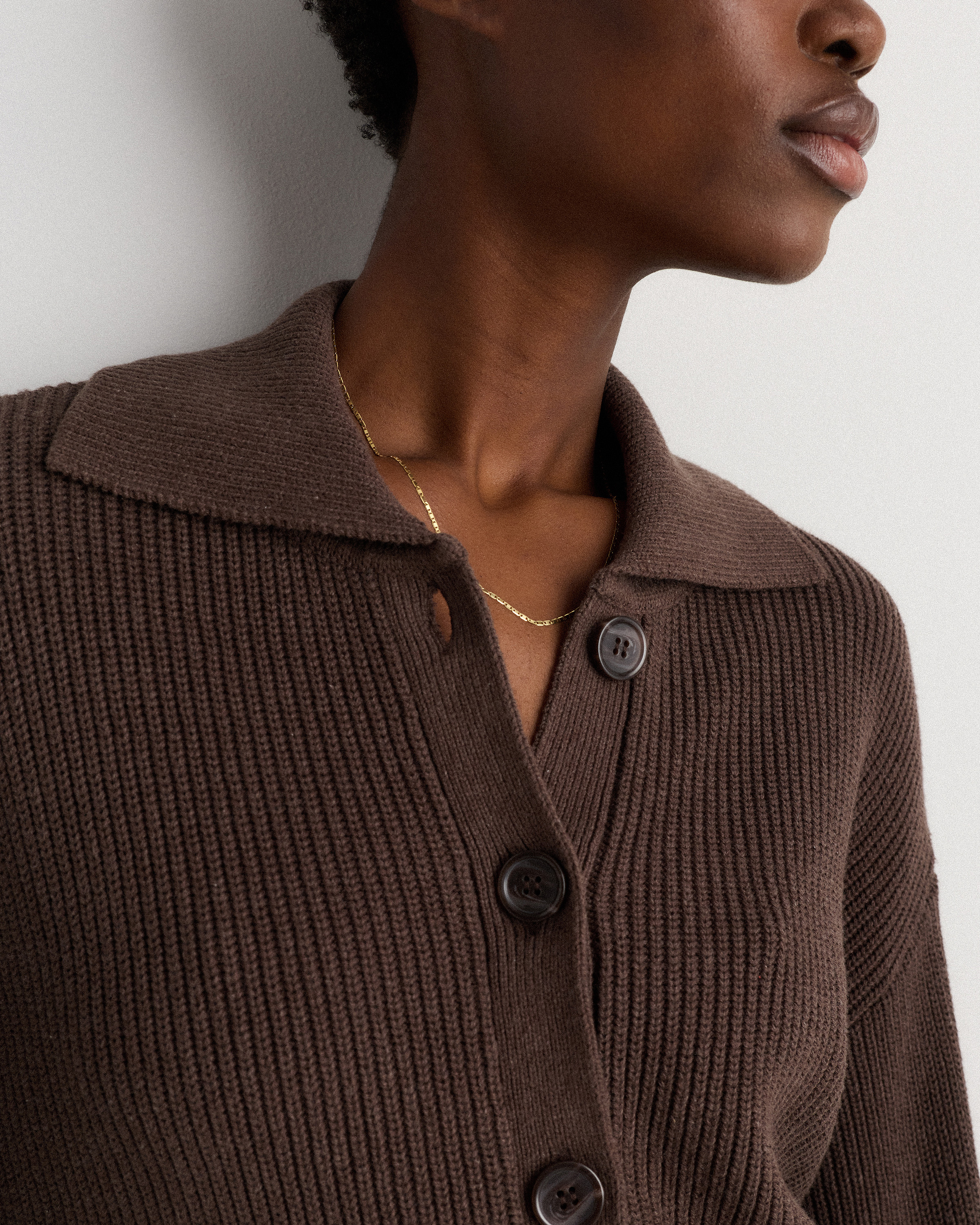 100% Organic Cotton Fisherman Collared Cardigan in Heather Brown