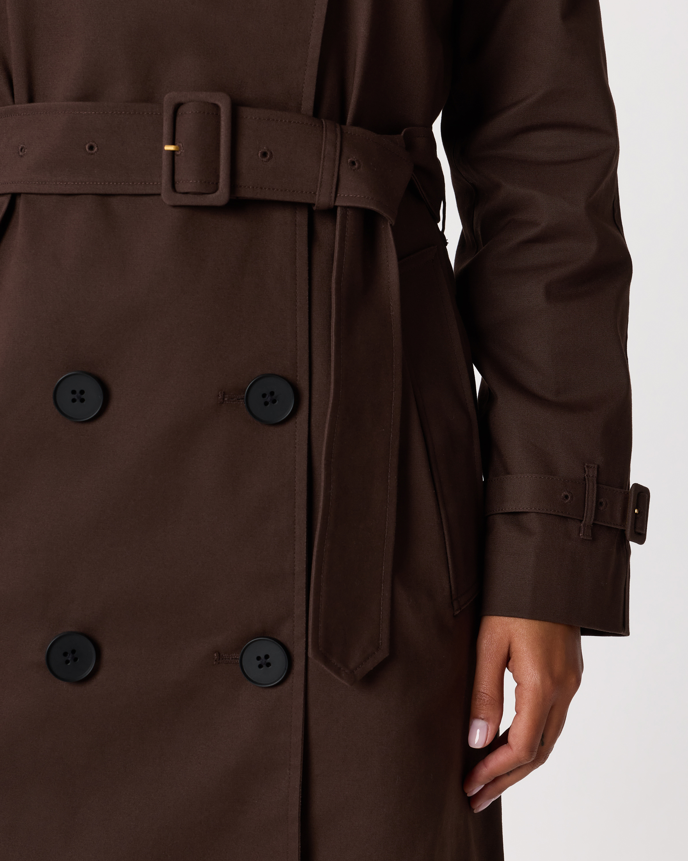 Comfort Stretch Long Trench Coat in Coffee Bean Brown
