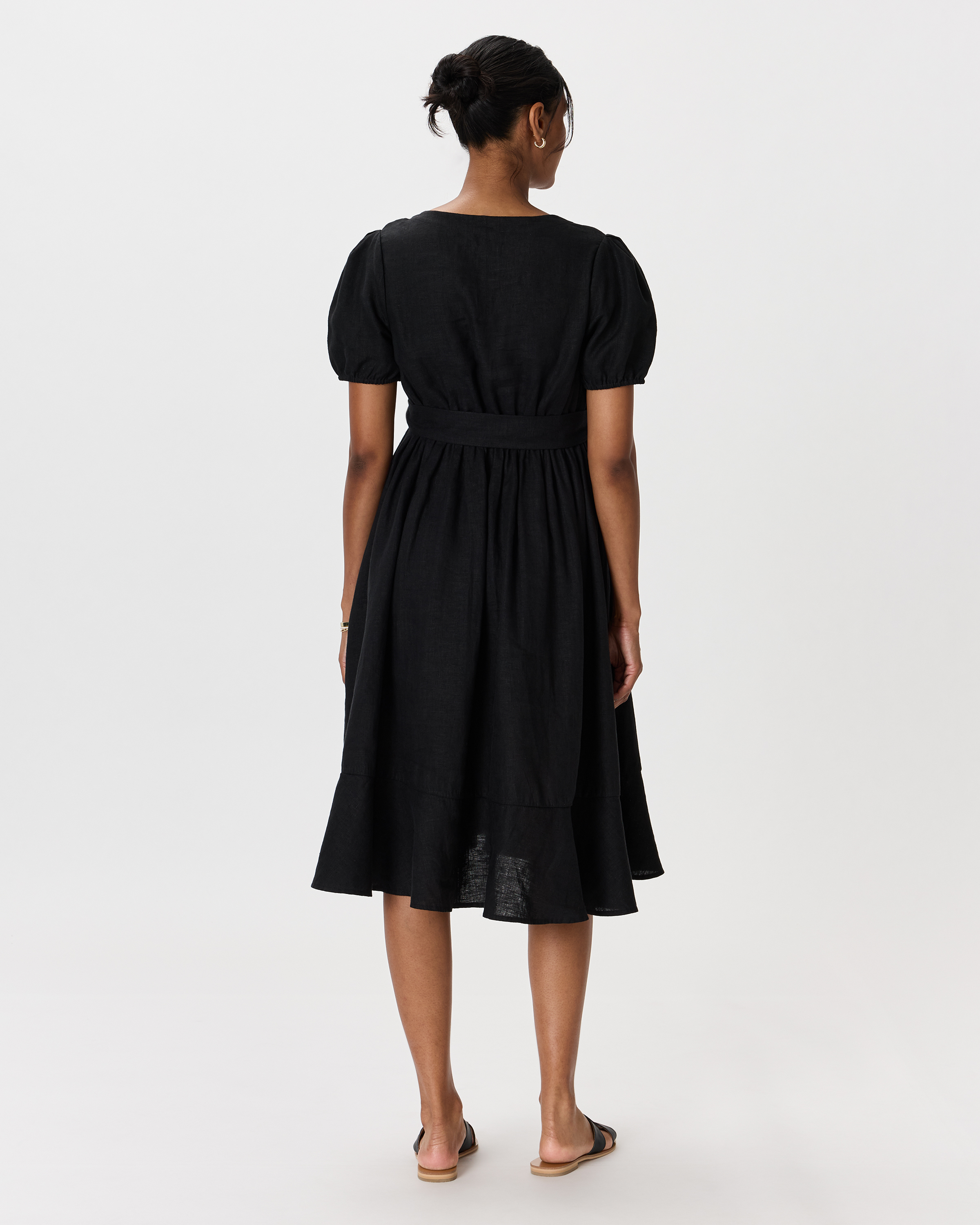 Women's 100% European Linen Maternity Short Sleeve Midi Dress in Black, Size Large, Tencel by Quince