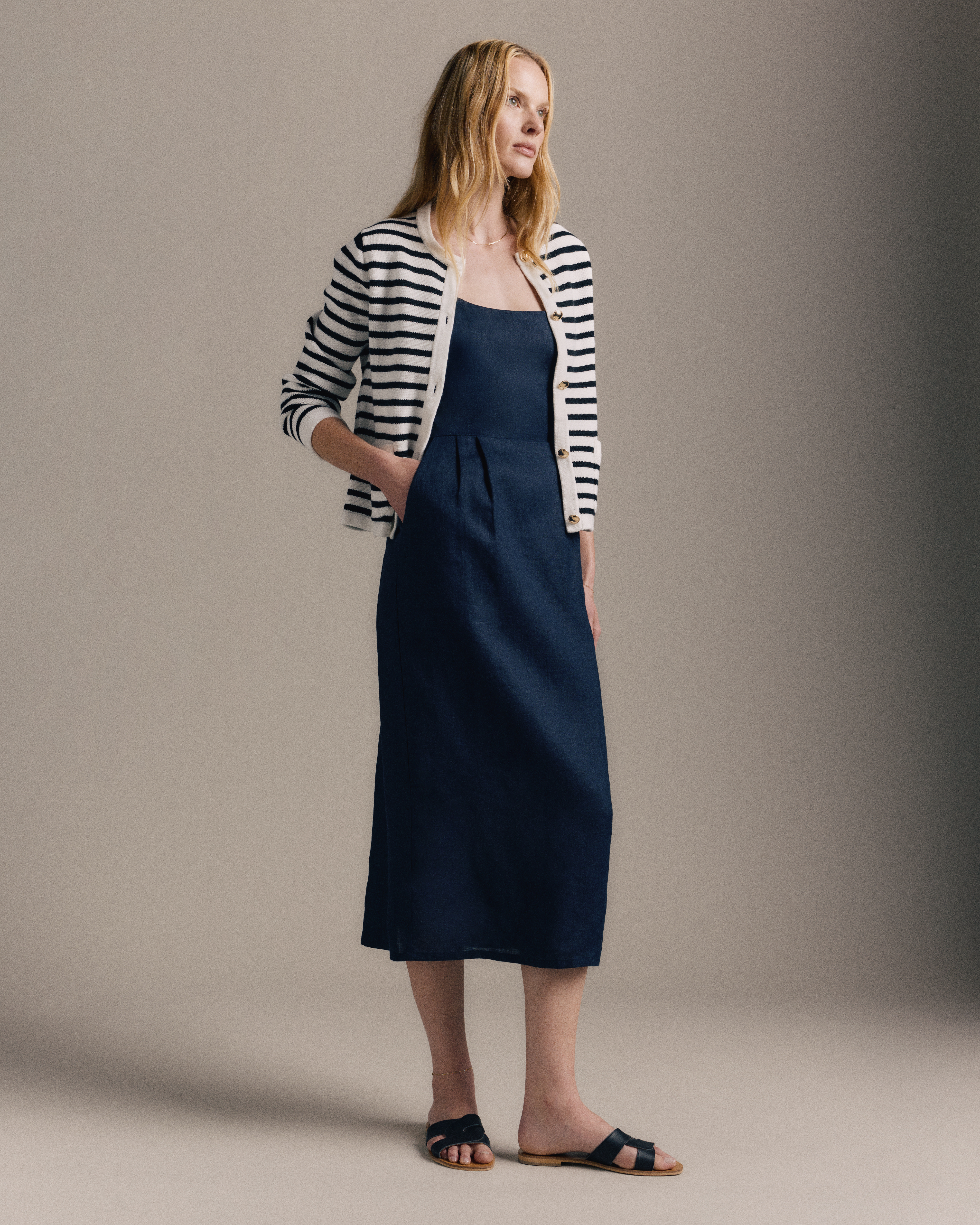 Deep Navy 100% European Linen Scoop Neck Midi Dress