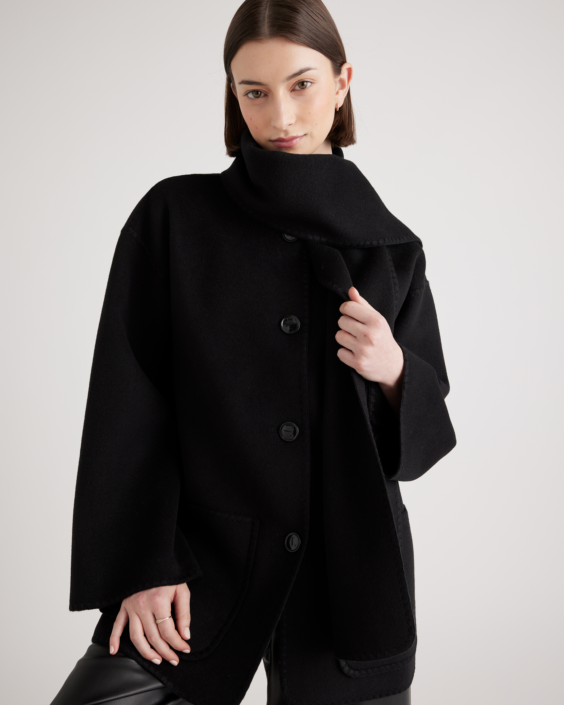Double-Faced Merino Wool Scarf Coat in Black | Quince Canada