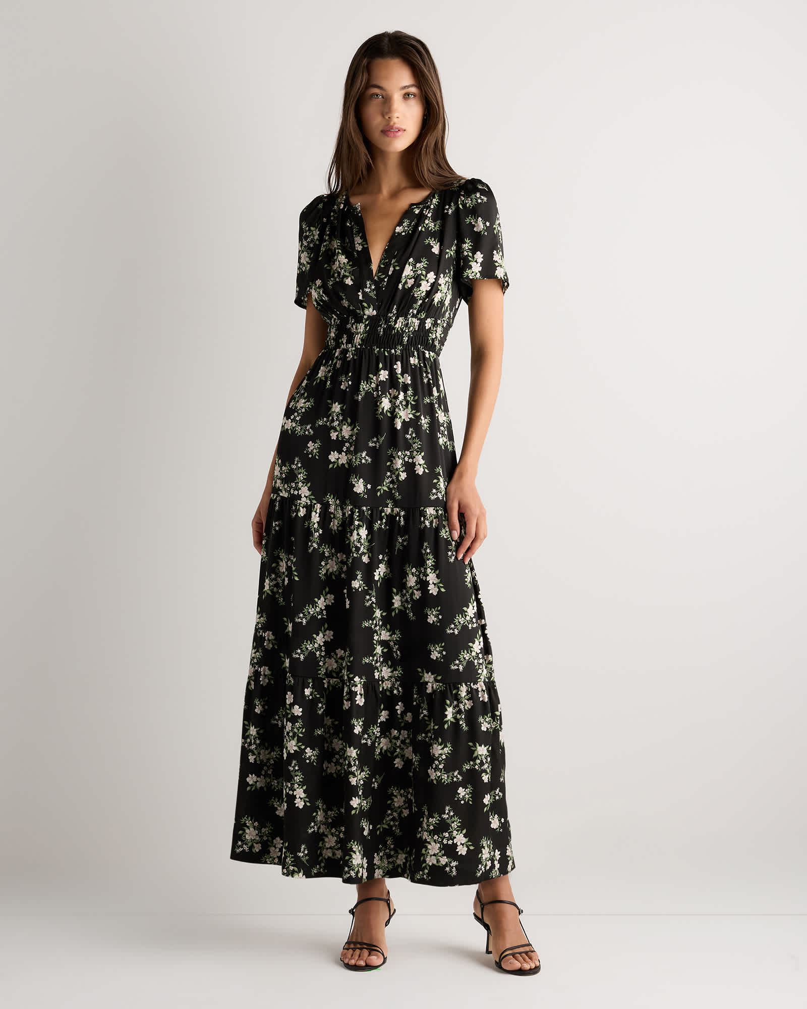 Washable Stretch Silk Tiered Maxi Dress in Black Vintage Pink Petite Floral Washable Stretch Silk Tiered Maxi Dress in Black Vintage Pink Petite Floral