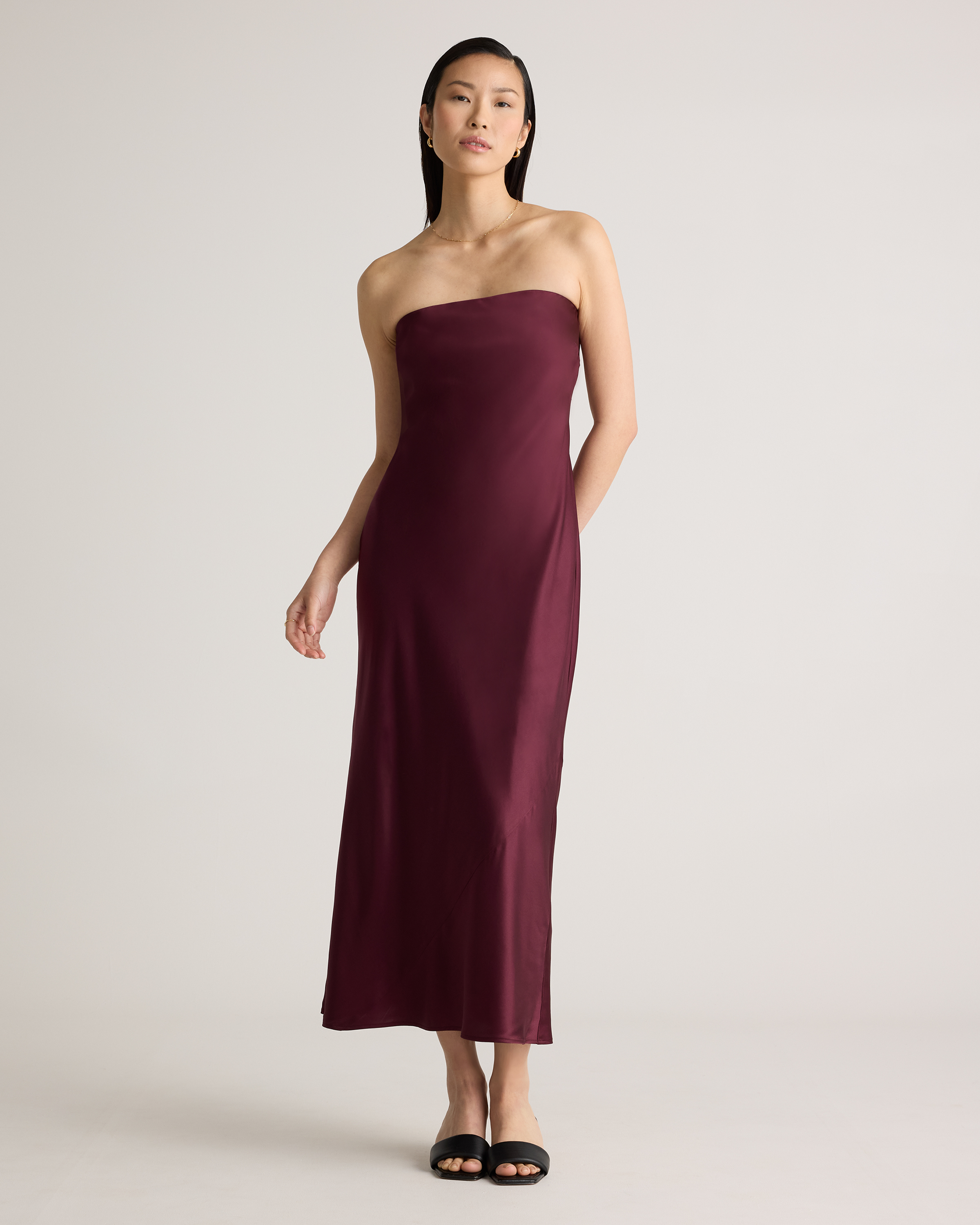 Wine Tasting Red 100% Washable Silk Strapless Midi Dress
