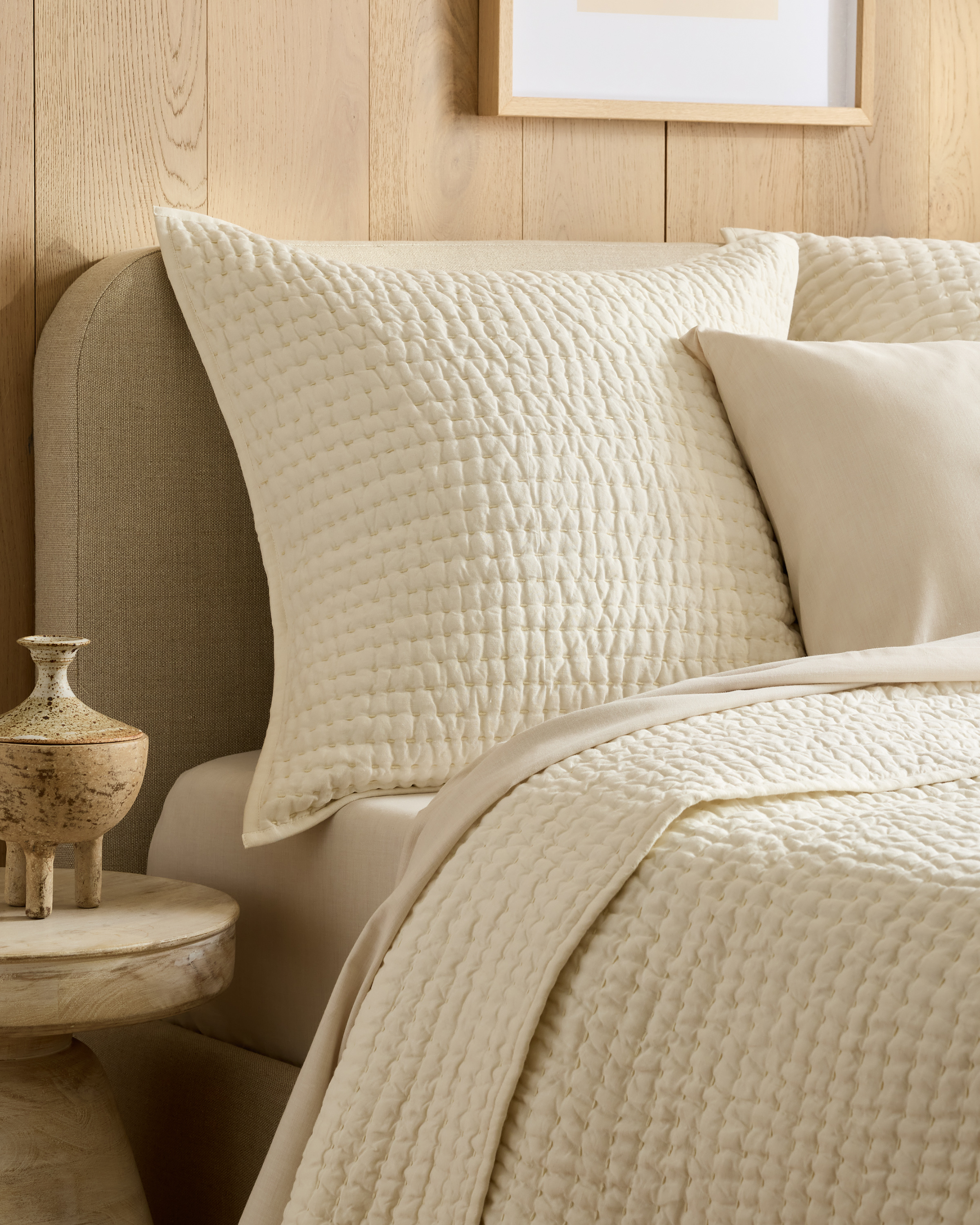 Ivory European Linen Cotton Stitch Quilted Euro Sham