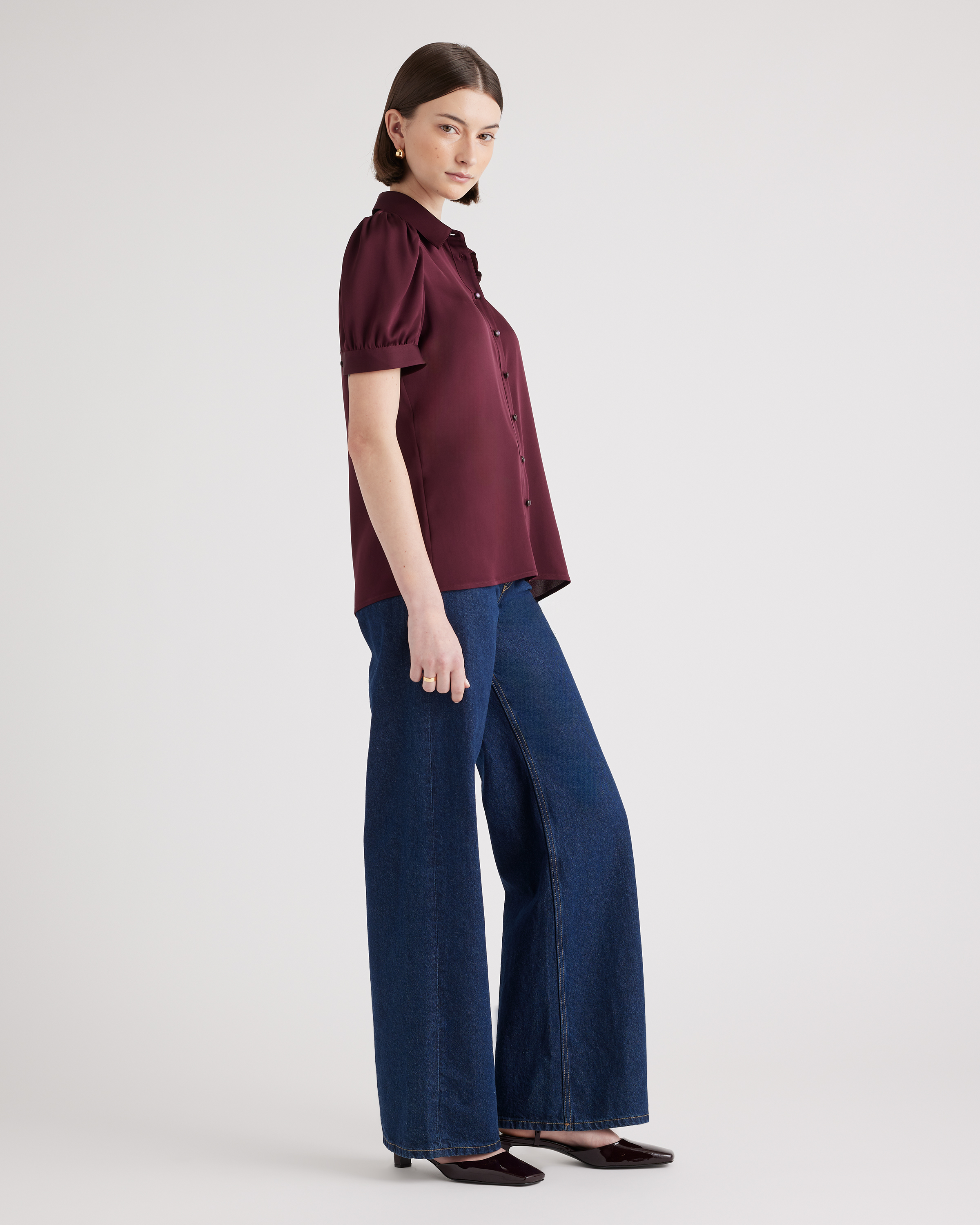 【kijun】RUMPLED PUFF BLOUSE Washable Stretch Silk Puff Sleeve Blouse in Forest Green