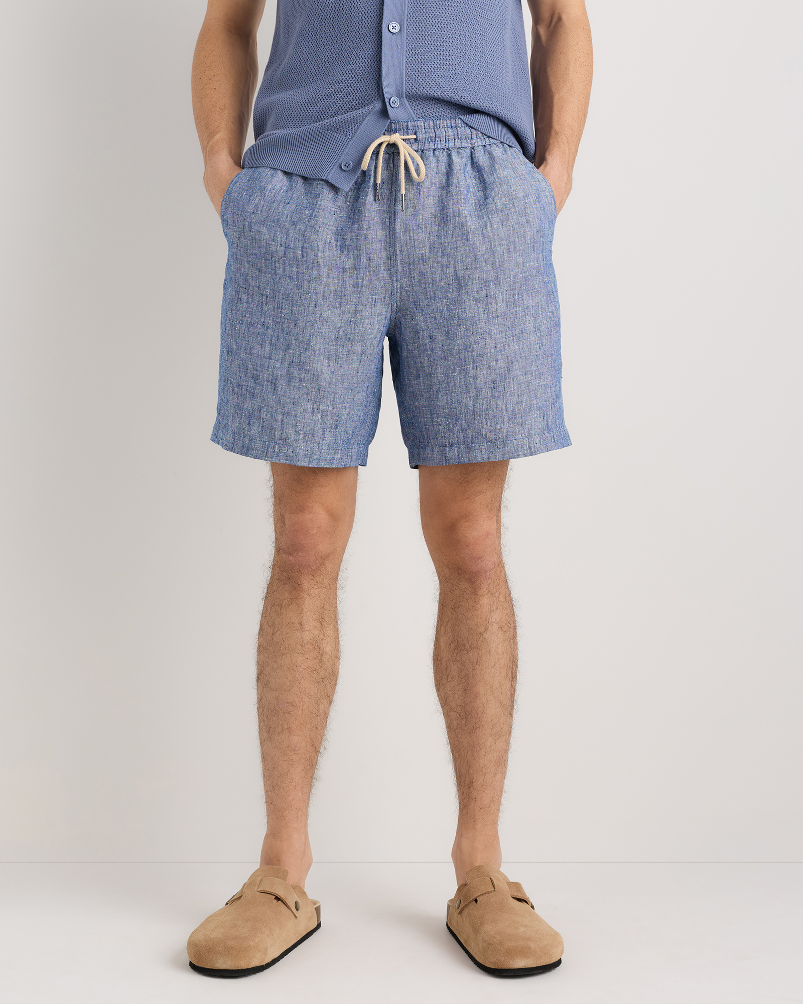 Chambray Blue 100% European Linen Drawstring Beach Shorts - 7"