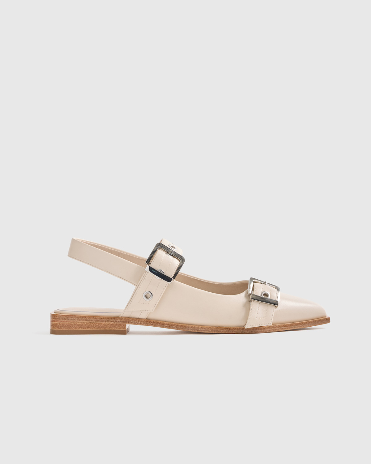 Italian Leather Bold Buckle Slingback Flat in Bone
