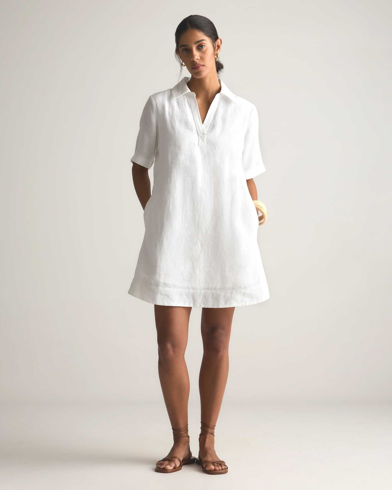 100% European Linen Popover Mini Dress in White 100% European Linen Popover Mini Dress in White