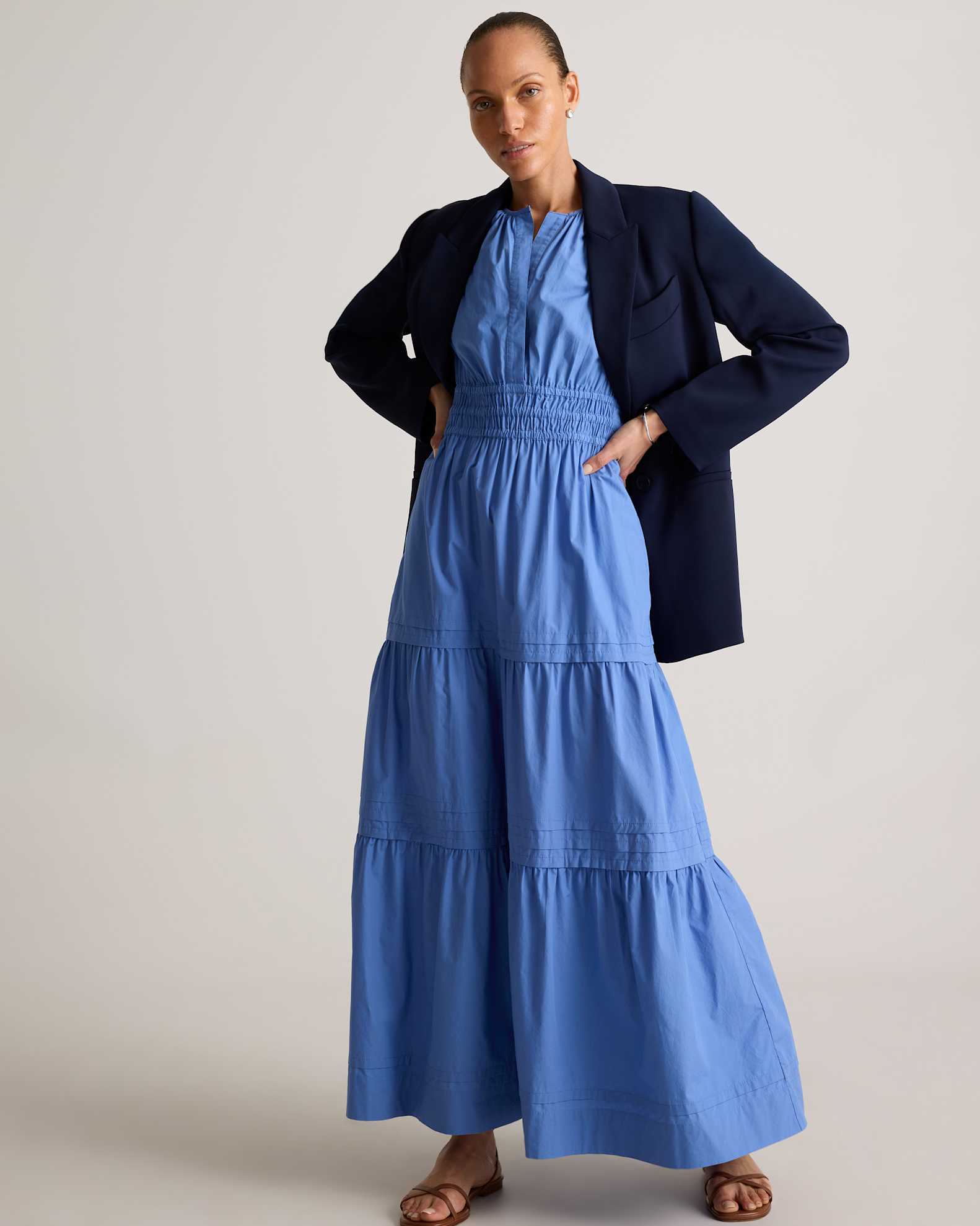 Quince Women's Poplin Tiered Maxi Dress, True Blue, Large - 100% Organic Cotton, V-Neck, Short Sleeves, Pocketed Quince Women's Poplin Tiered Maxi Dress, True Blue, Large - 100% Organic Cotton, V-Neck, Short Sleeves, Pocketed