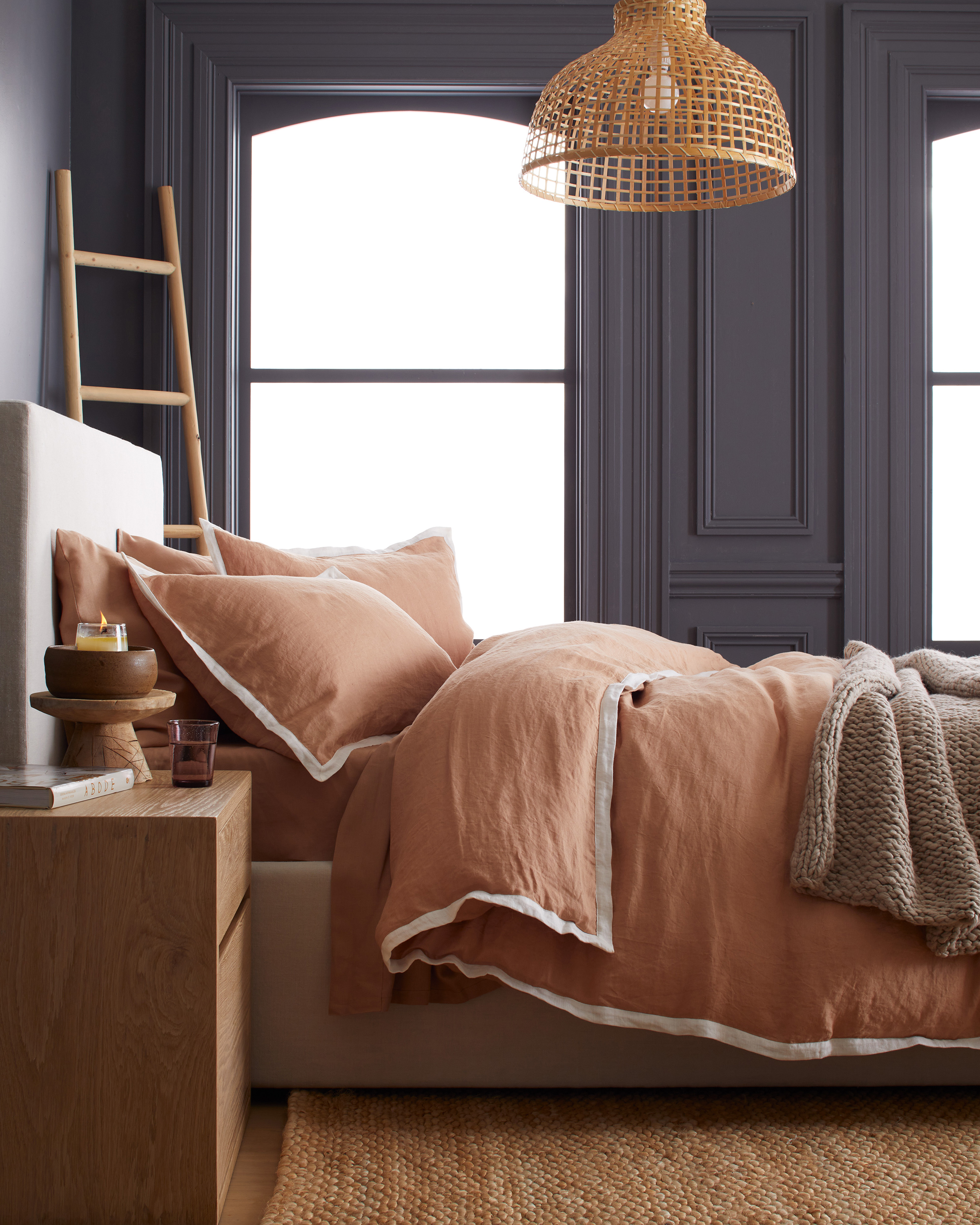 European Linen Contrast Flange Duvet Cover in Desert Sunset/Ivory