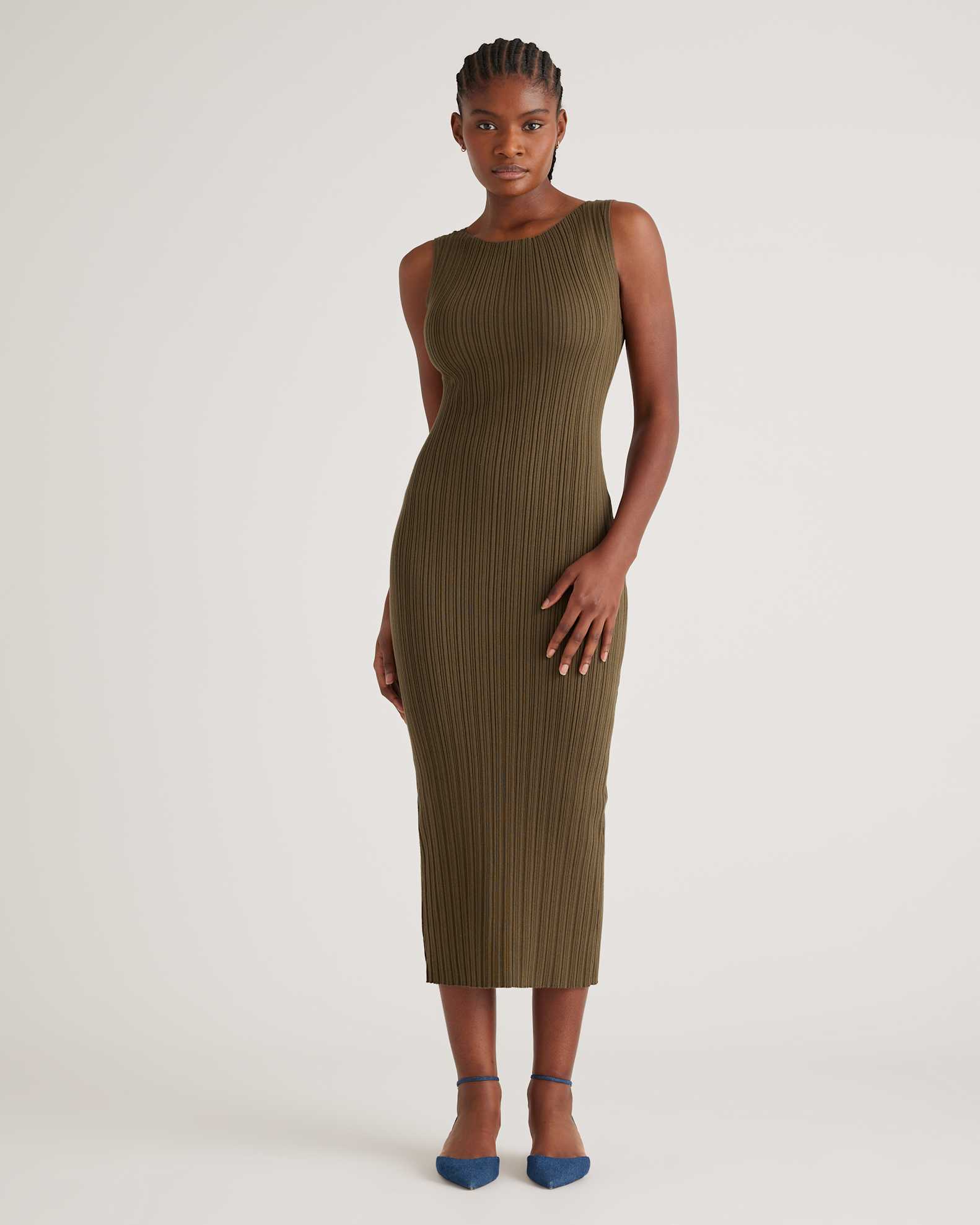 Quince Women's Ribbed Sleeveless Midi Dress in Olive, Size Large - Luxurious Cotton Cashmere Blend Quince Women's Ribbed Sleeveless Midi Dress in Olive, Size Large - Luxurious Cotton Cashmere Blend