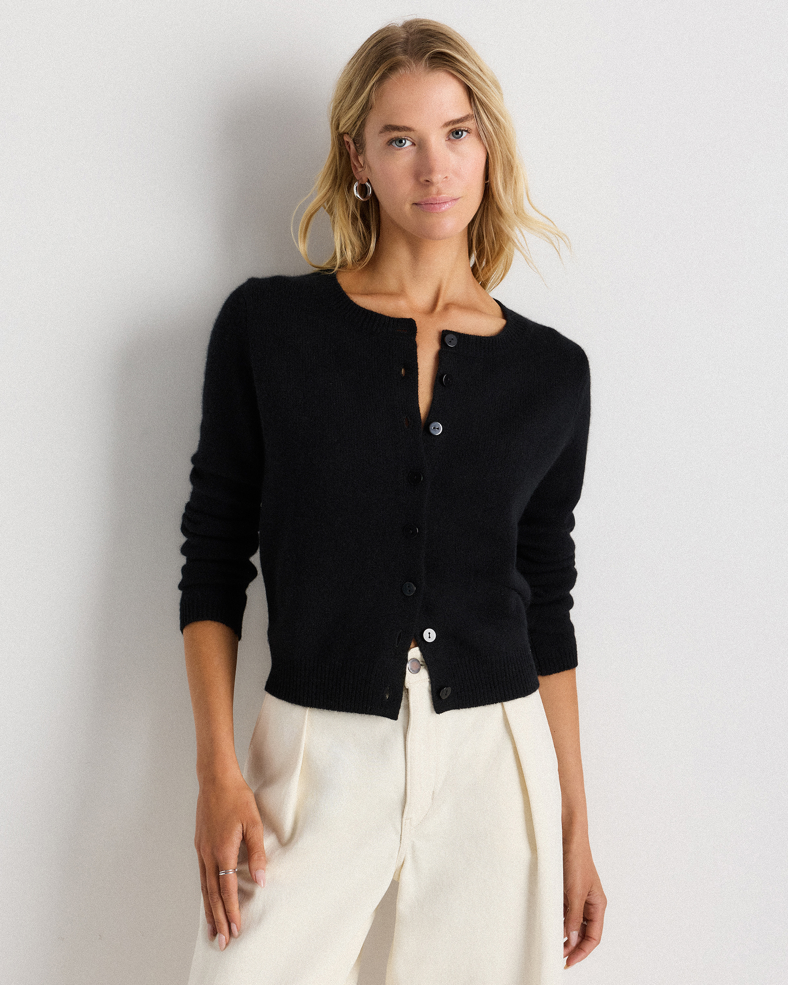 Black Mongolian Cashmere Cropped Crew Cardigan