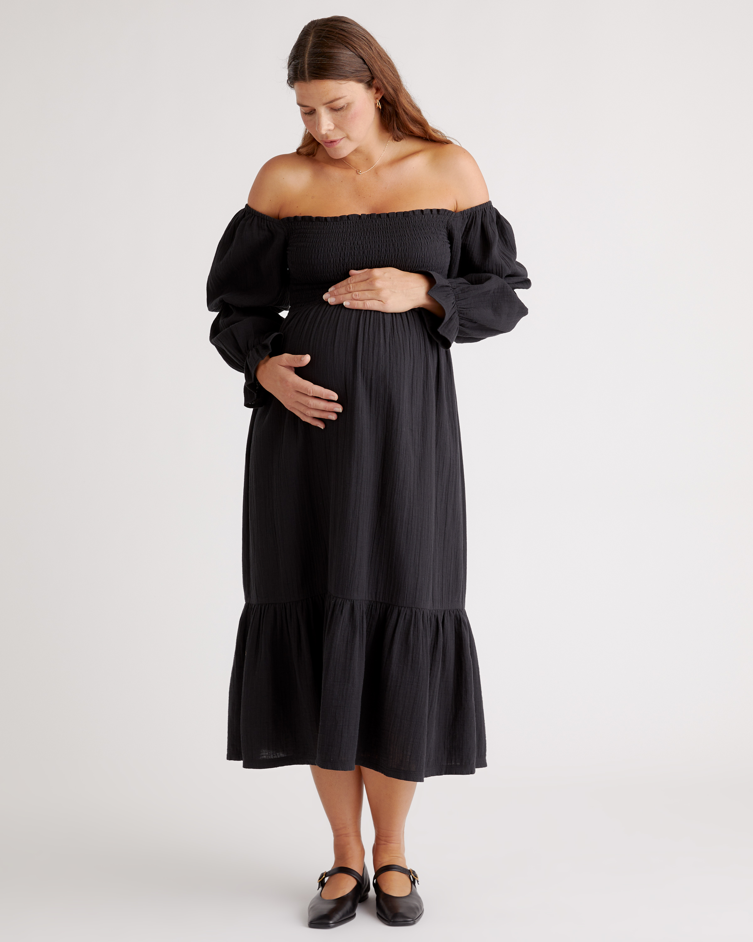 100% Organic Cotton Gauze Maternity Smocked Midi Dress in Black