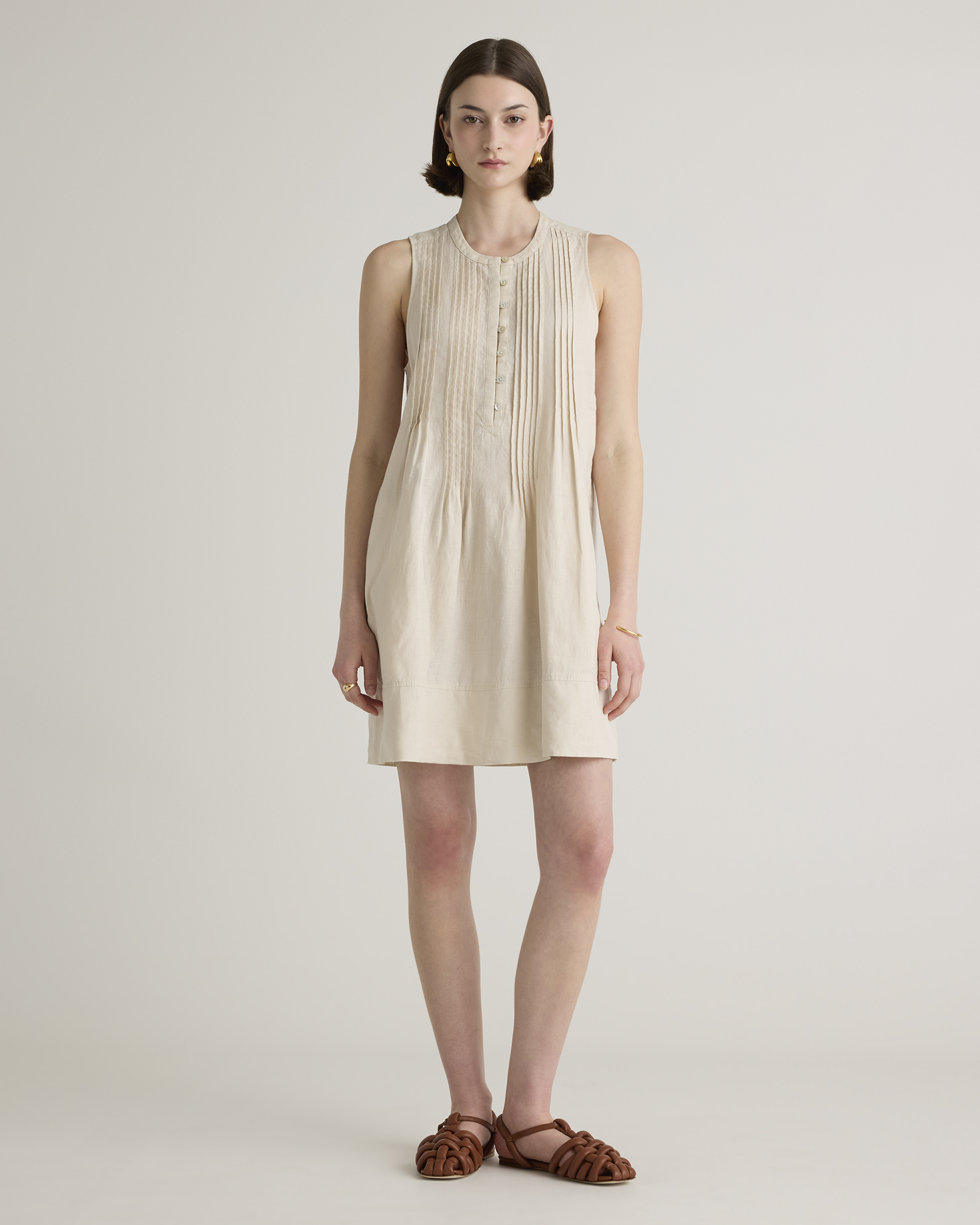Sand 100% European Linen Sleeveless Swing Dress