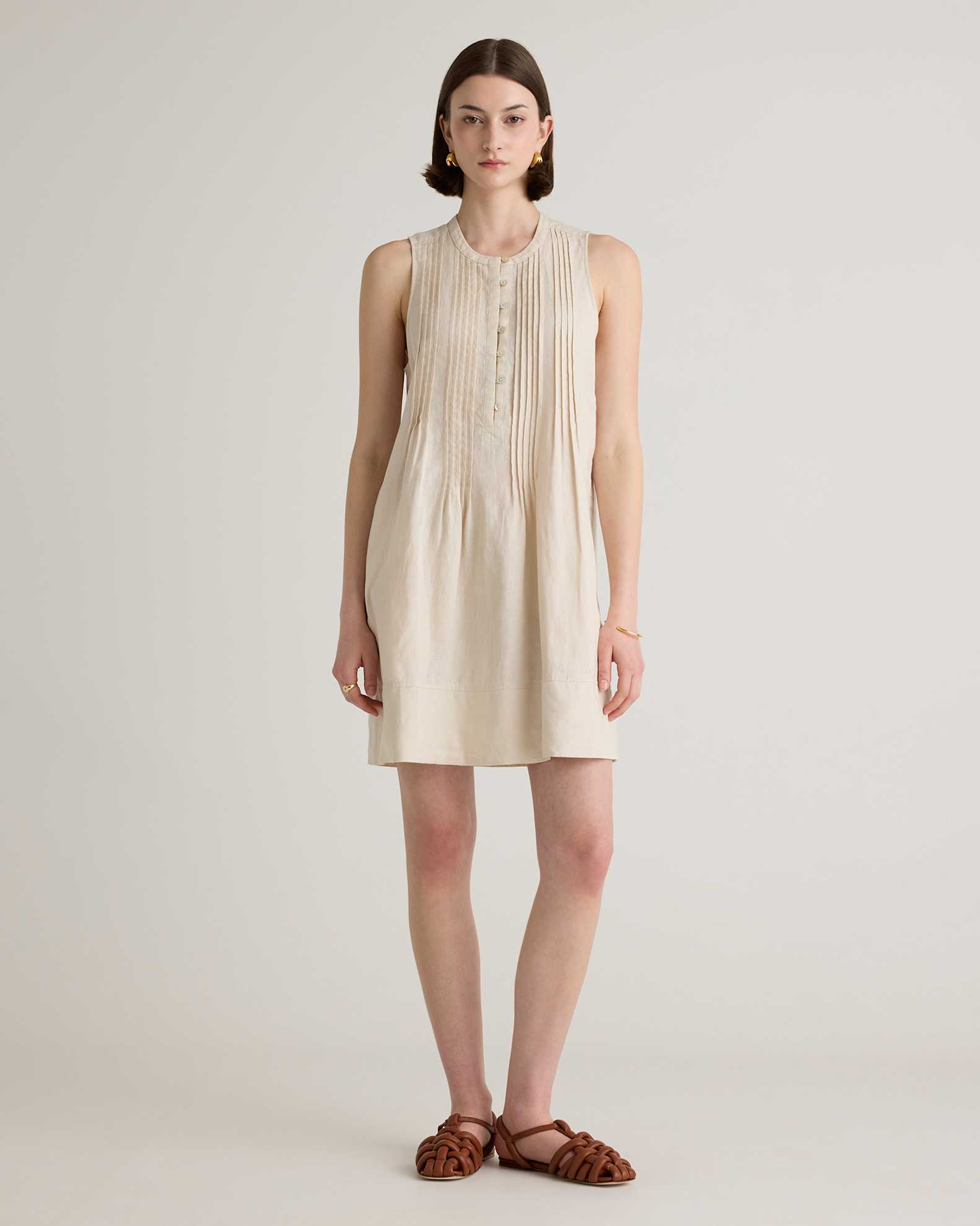 Quince Women's Sleeveless Swing Dress in Sand, Size XL - 100% European Linen, Eco-Friendly, Pleat Detailing Quince Women's Sleeveless Swing Dress in Sand, Size XL - 100% European Linen, Eco-Friendly, Pleat Detailing
