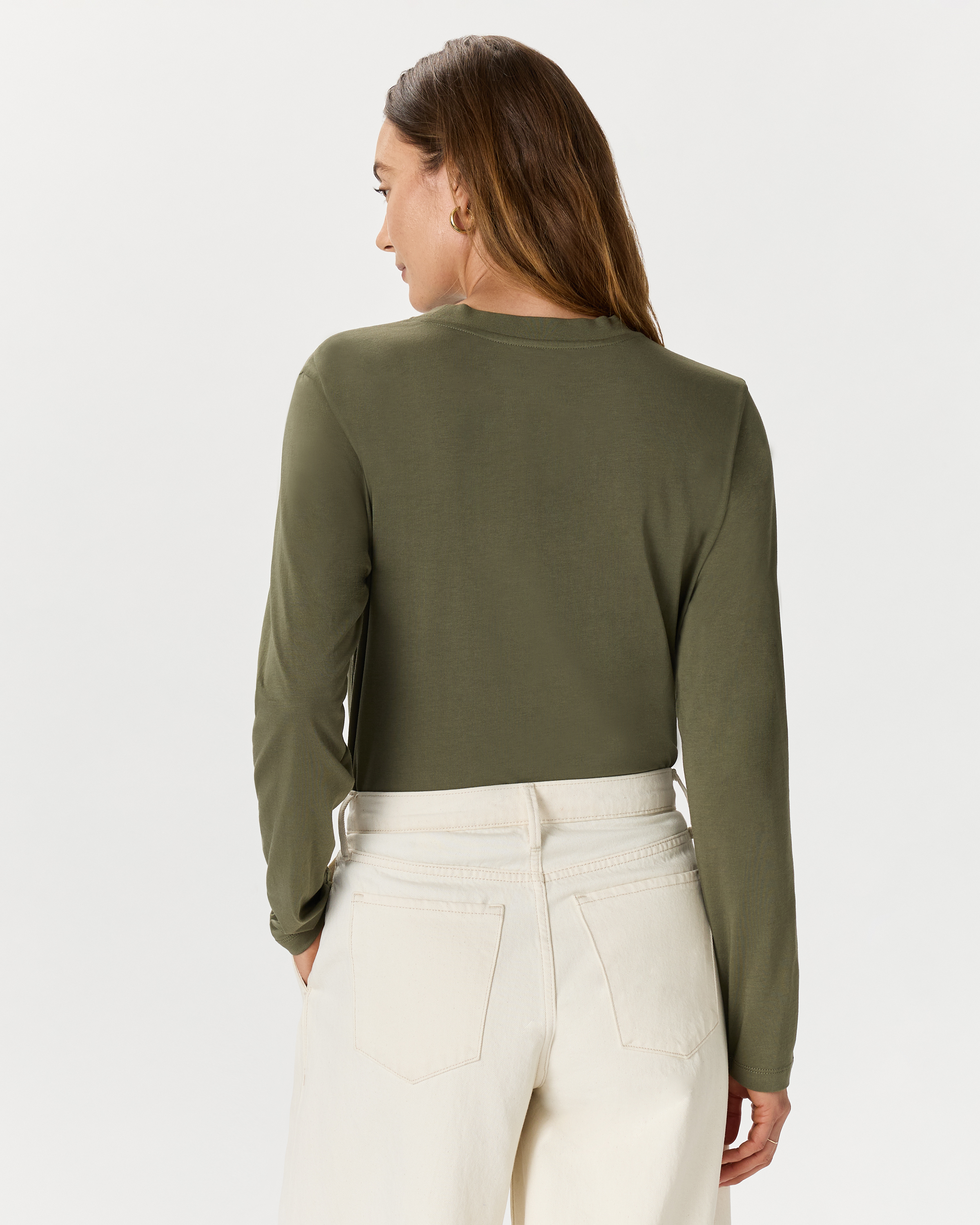 Cotton Modal Relaxed Long Sleeve Tee in Dark Olive