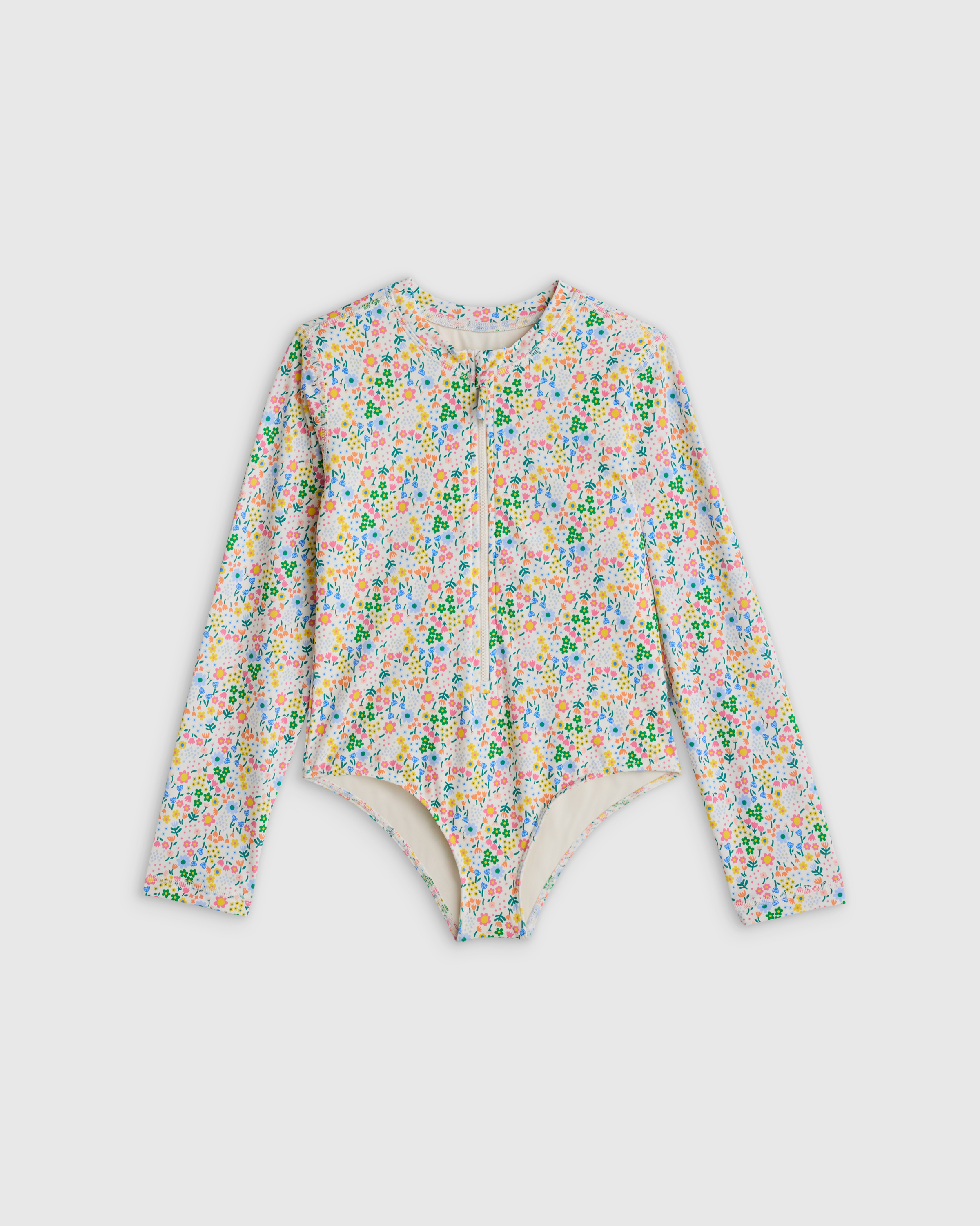 Ditsy Floral Long Sleeve Zip-Up Swimsuit