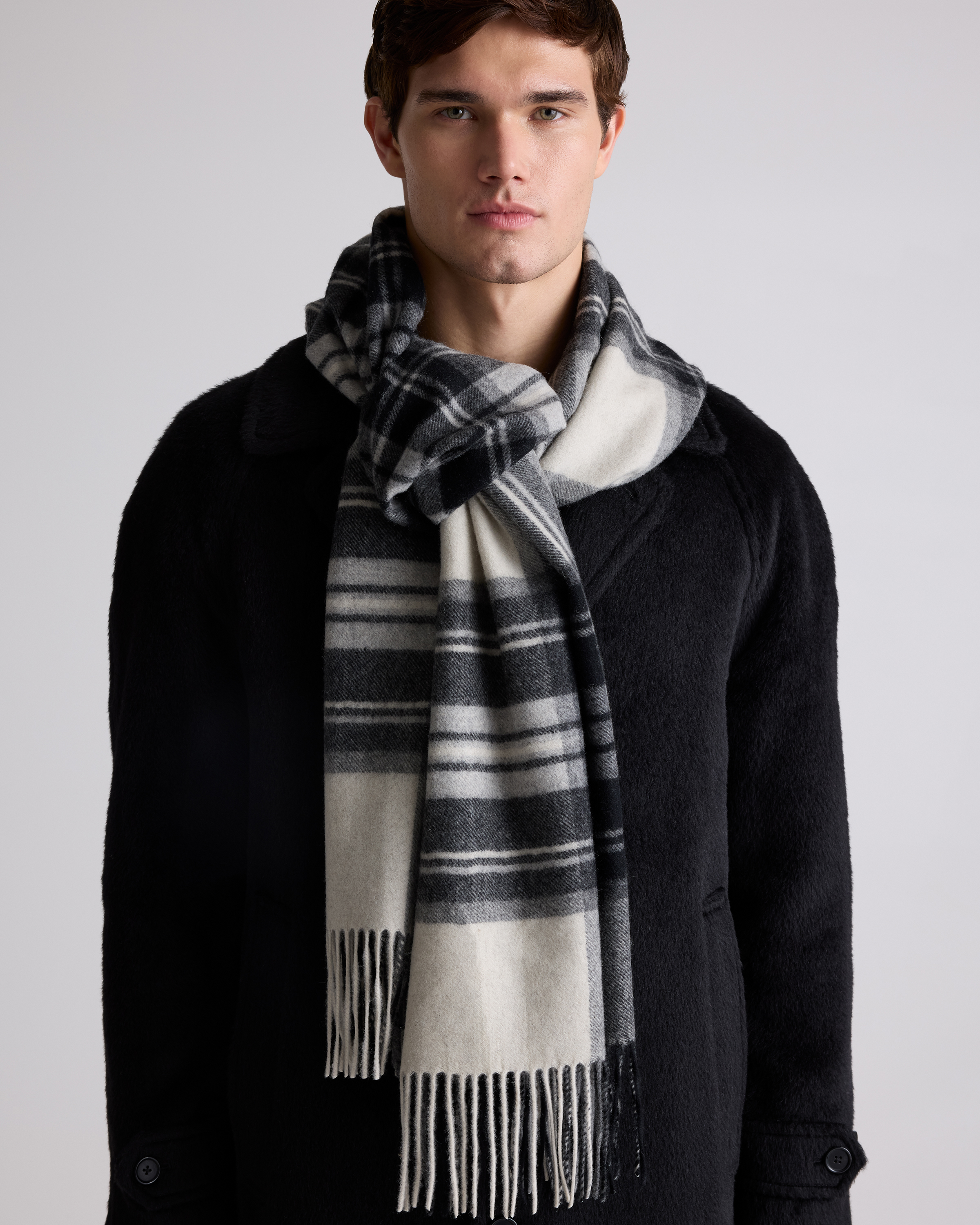 Black/White Tartan Mongolian Cashmere Tartan Scarf