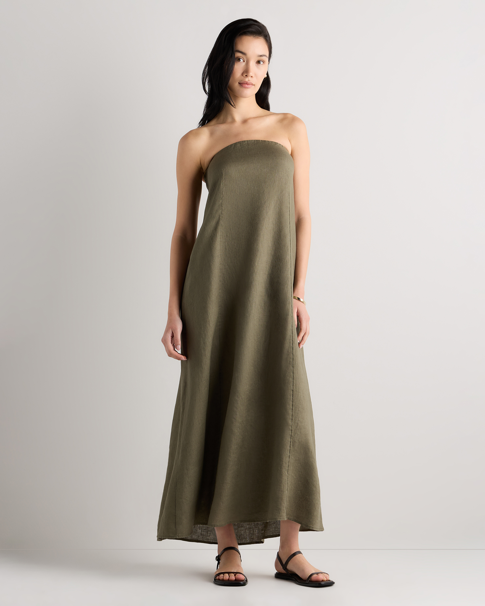 Bayberry Olive 100% European Linen Strapless Maxi Dress
