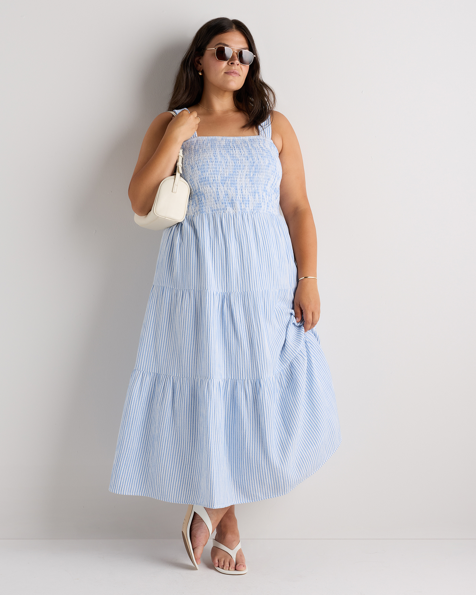 blue and white plus size maxi dress Vionelle Plus Size French Style Blue And White Stripe Print Maxi Dress,Women's  Summer Boho Vacation Outfit,Cottage Core Picnic Beach Spring Dresses