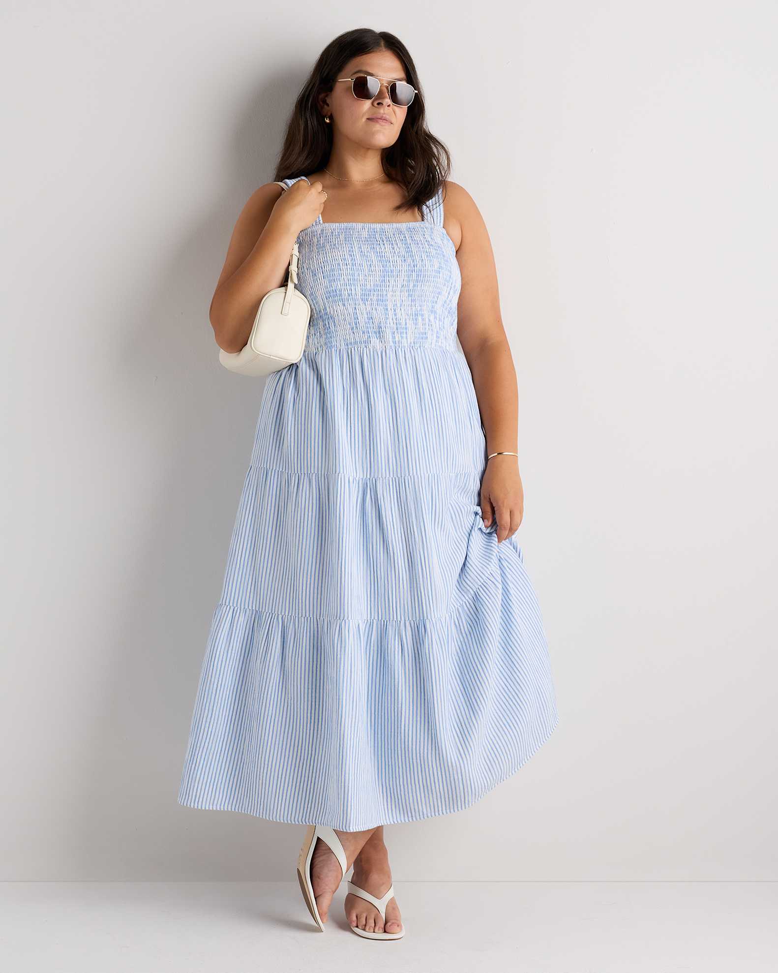 blue and white plus size maxi dress Vionelle Plus Size French Style Blue And White Stripe Print Maxi Dress,Women's Summer Boho Vacation Outfit,Cottage Core Picnic Beach Spring Dresses