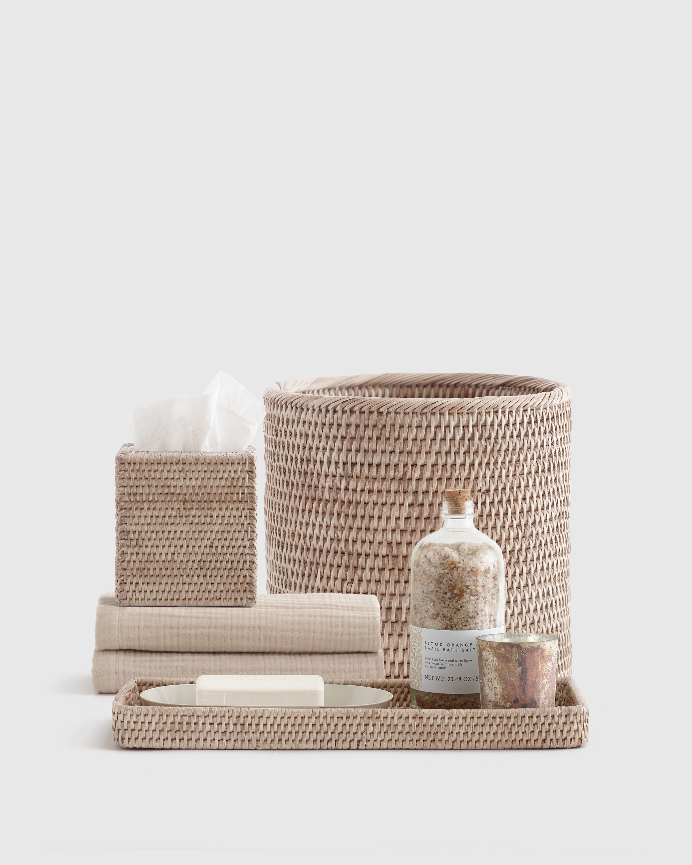 White Wash Handwoven Rattan Bathroom Accessory Set