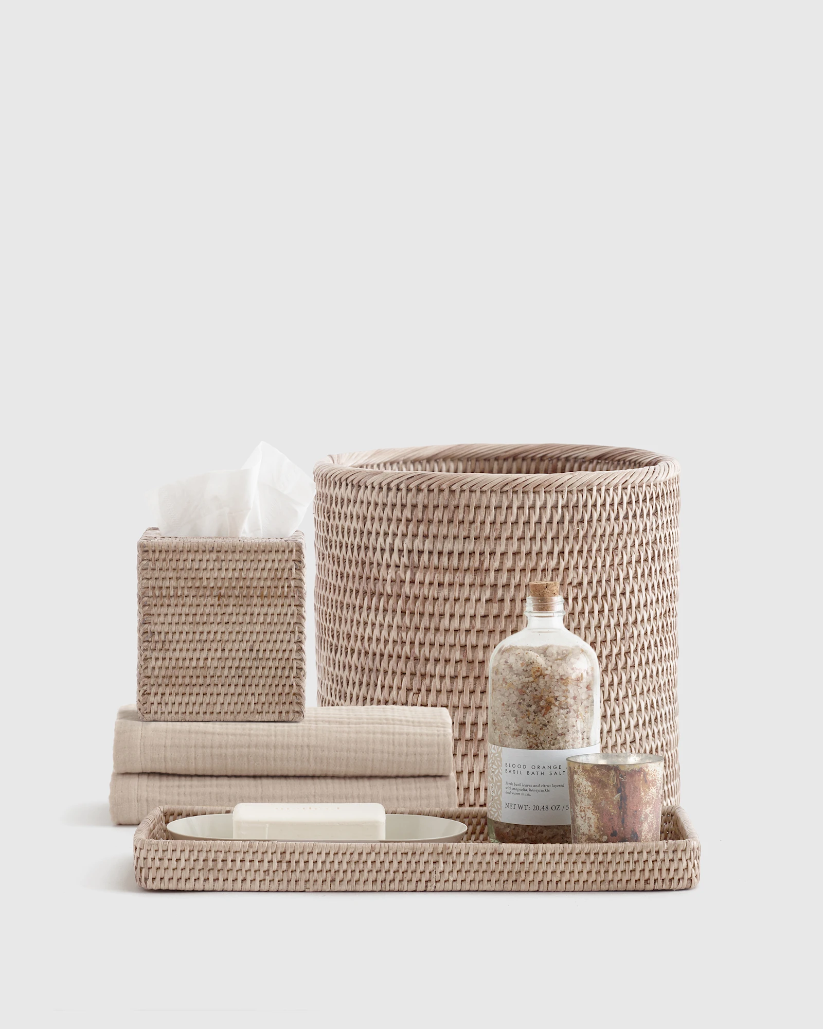 Handwoven Rattan Bathroom Accessory Set - White Wash