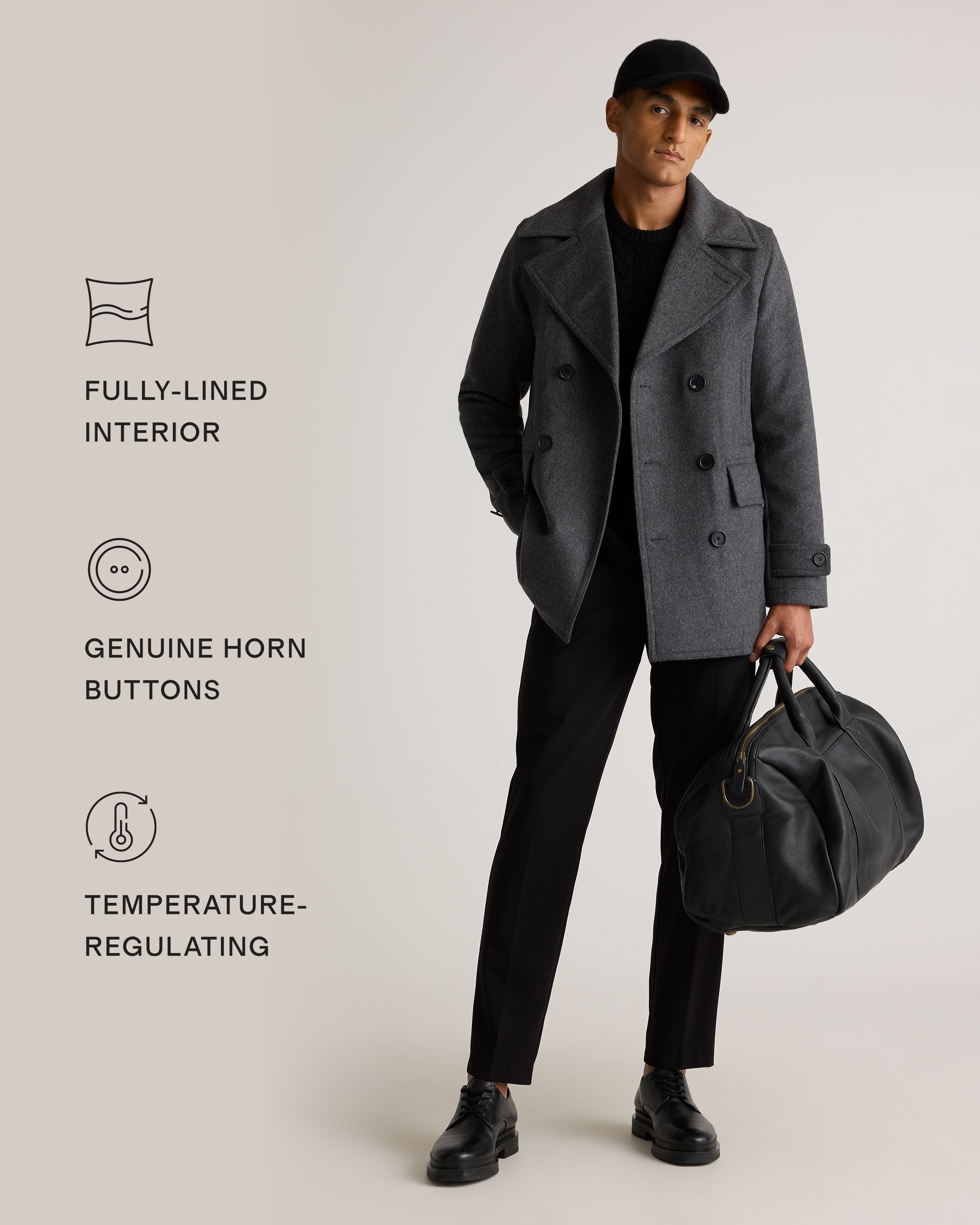 Italian Wool Peacoat in Heather Charcoal