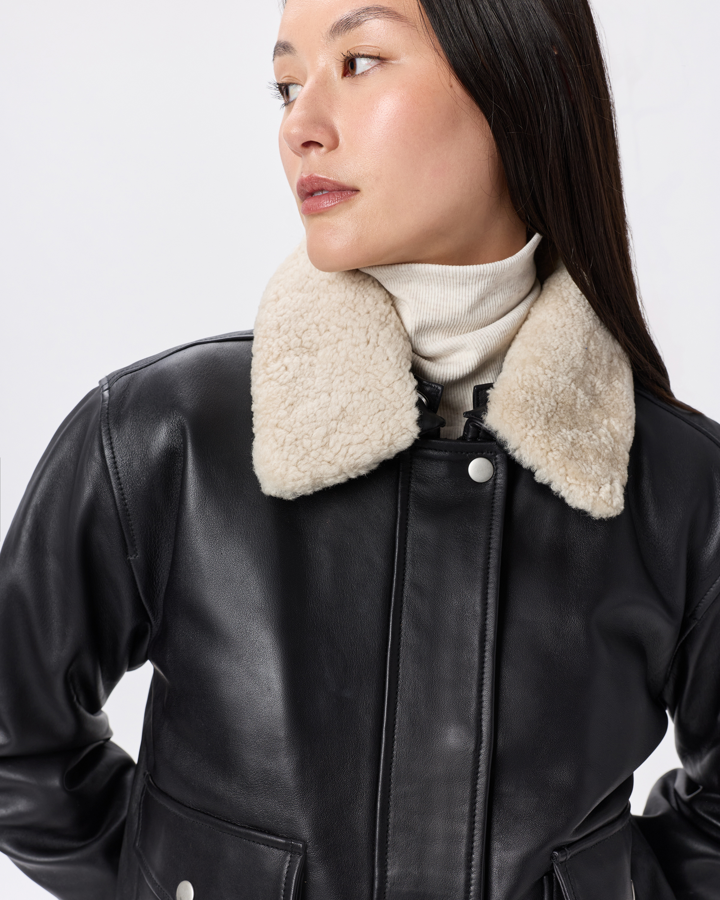 100% Leather Shearling Trim Aviator Jacket