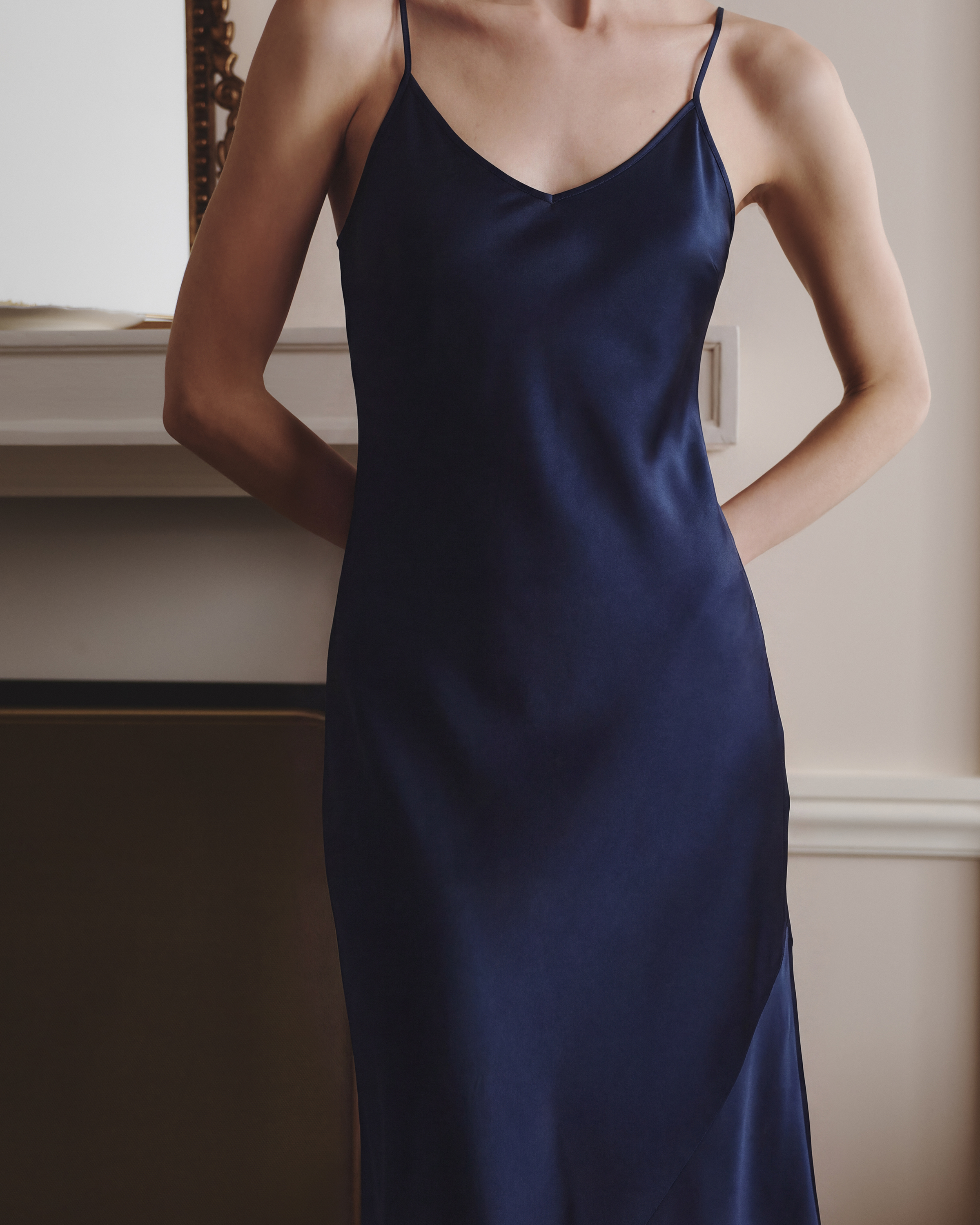 100% Washable Silk Maxi Slip Dress in Navy