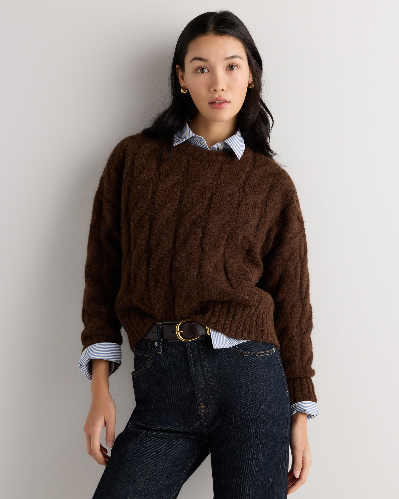 Truffle Veil Brown Lofty Baby Alpaca Relaxed Cropped Cable Crewneck