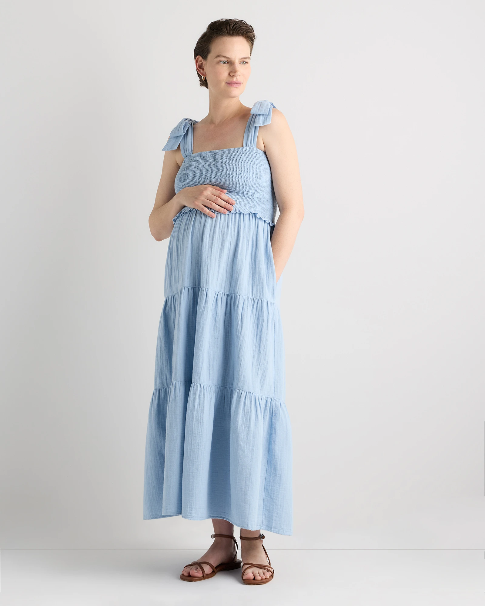 100% Organic Cotton Gauze Smocked Sleeveless Midi Dress - Maternity