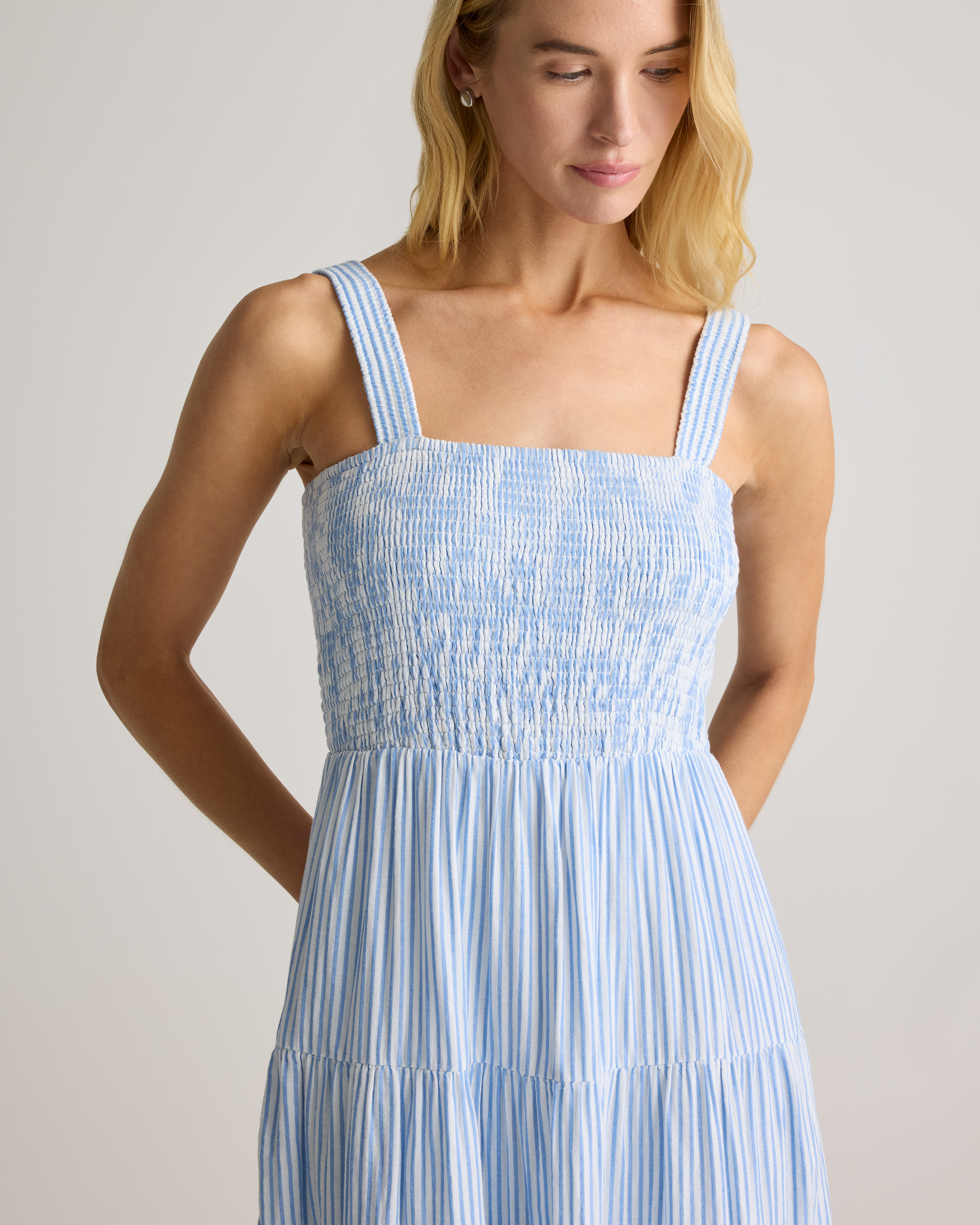 100% Organic Cotton Gauze Smocked Sleeveless Maxi Dress in Bayside Stripe  Blue/White