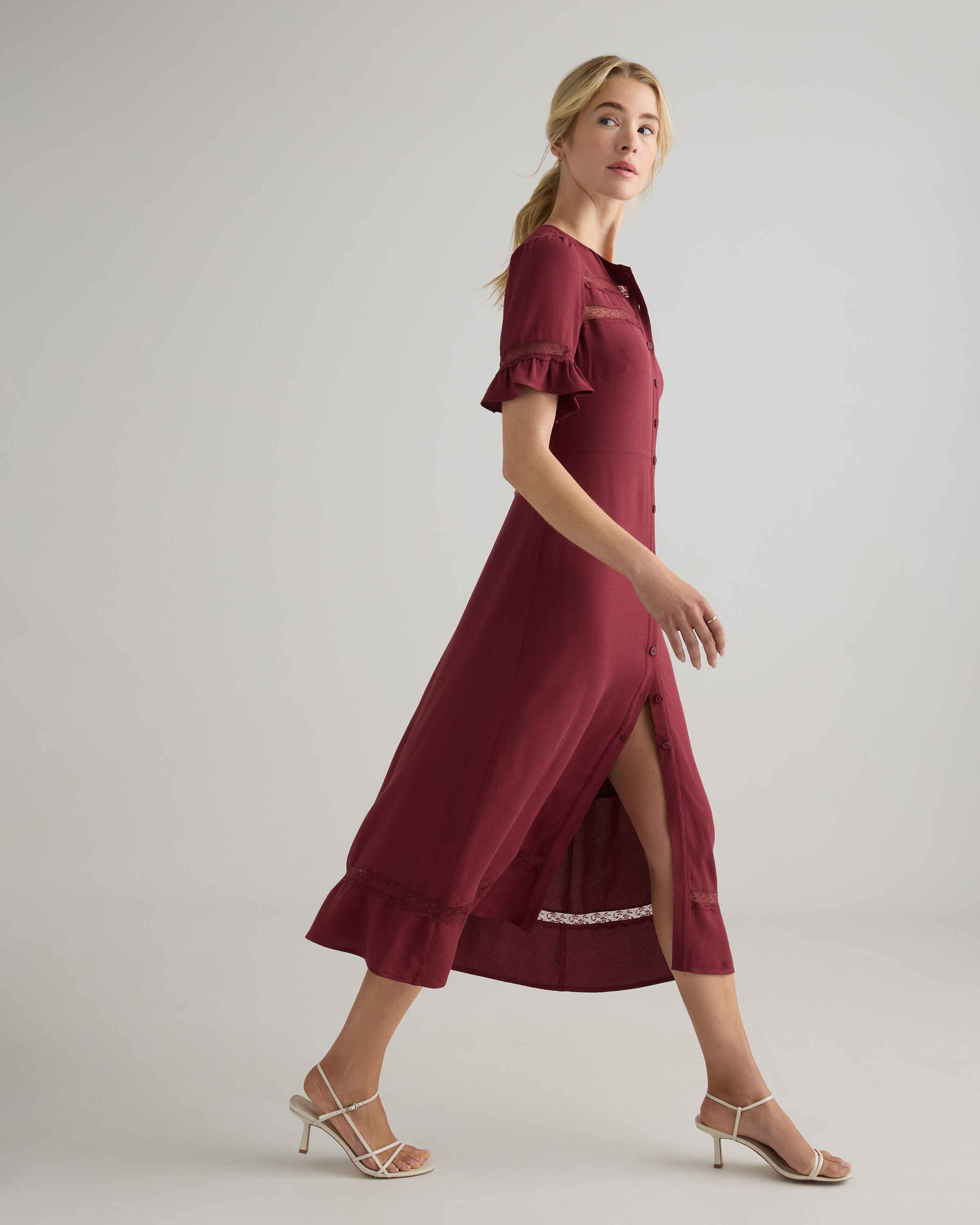 Women's Lightweight Crepe Lace Inset Midi Dress in Maroon, Size XS, Viscose by Quince