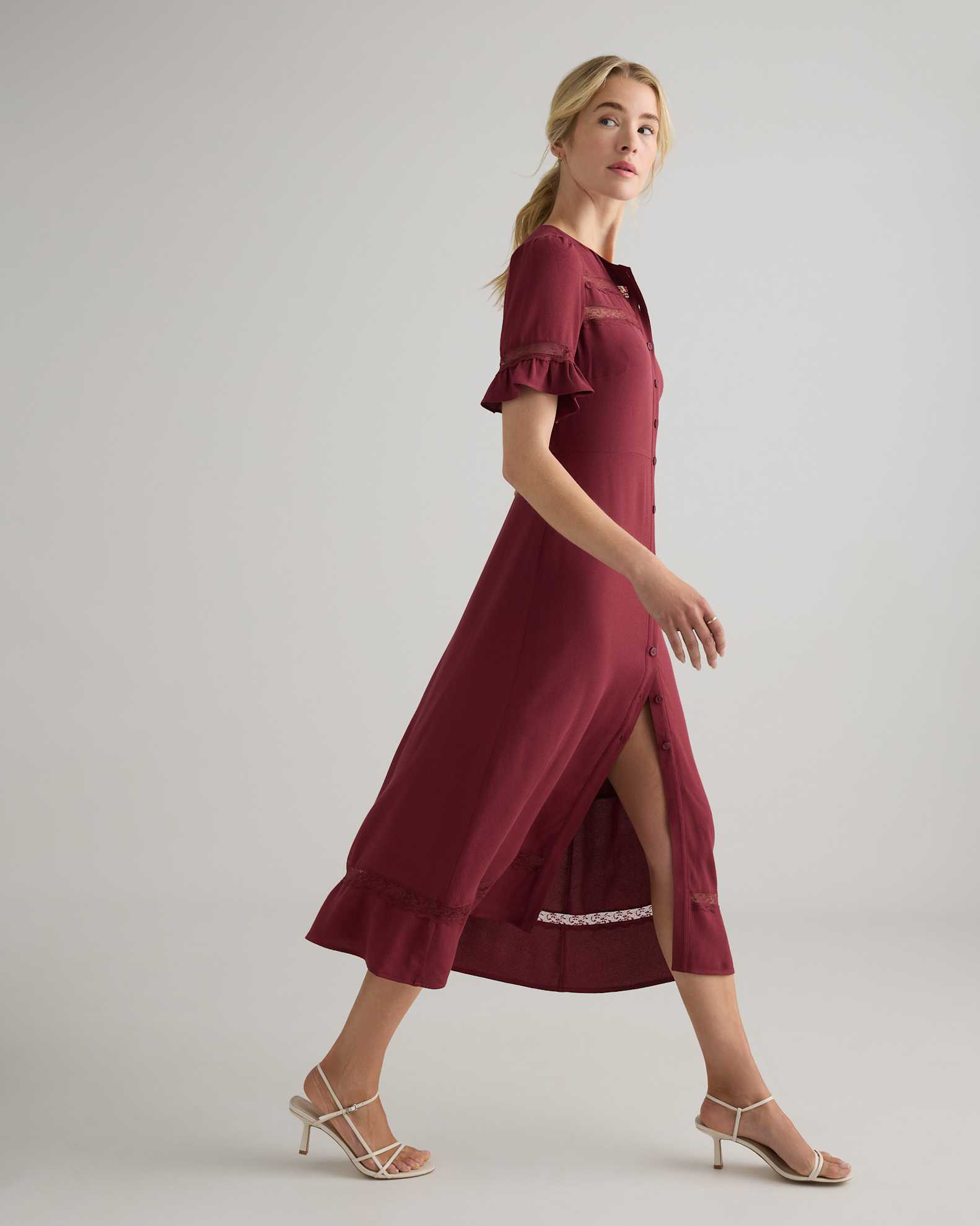 Women's Lightweight Crepe Lace Inset Midi Dress in Maroon, Size XS, Viscose by Quince Women's Lightweight Crepe Lace Inset Midi Dress in Maroon, Size XS, Viscose by Quince