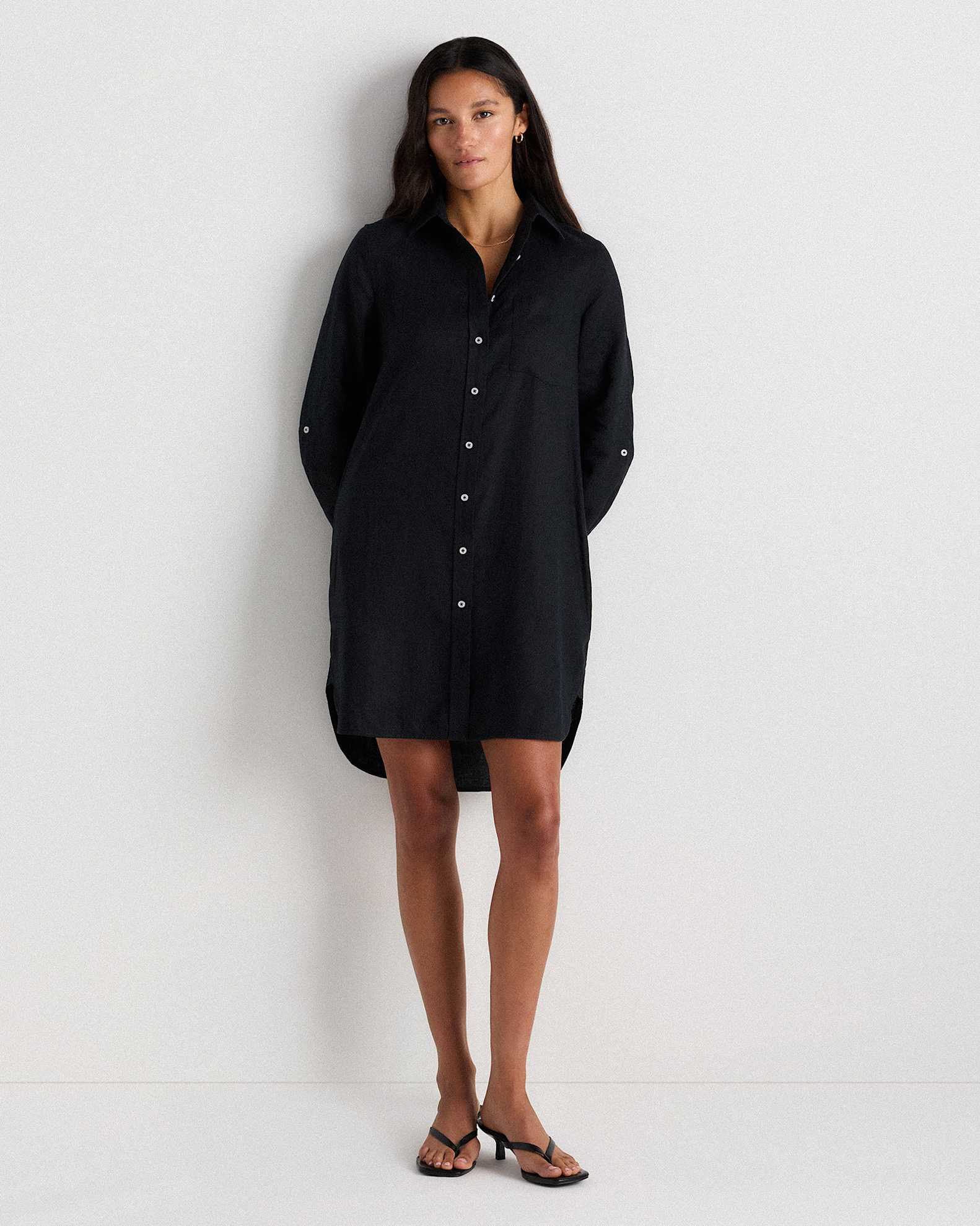 Quince Women's Shirt Dress in Black, Size XS - 100% European Organic Linen with Elegant Buttons & Pockets Quince Women's Shirt Dress in Black, Size XS - 100% European Organic Linen with Elegant Buttons & Pockets