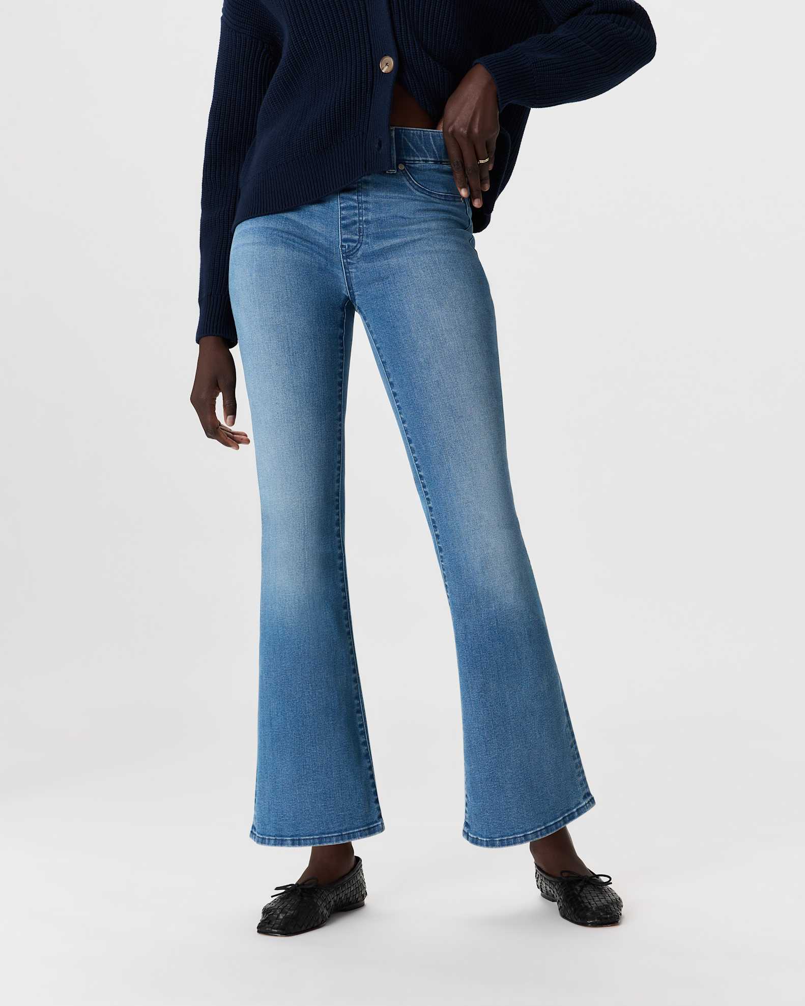 Nina Stretch Pull-On Flare Jeans in Laguna Blue - Main Image