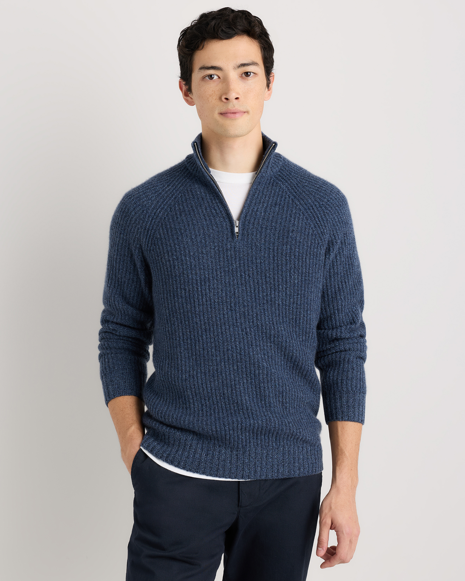 Navy Marl Mongolian Cashmere Fisherman Quarter Zip Sweater