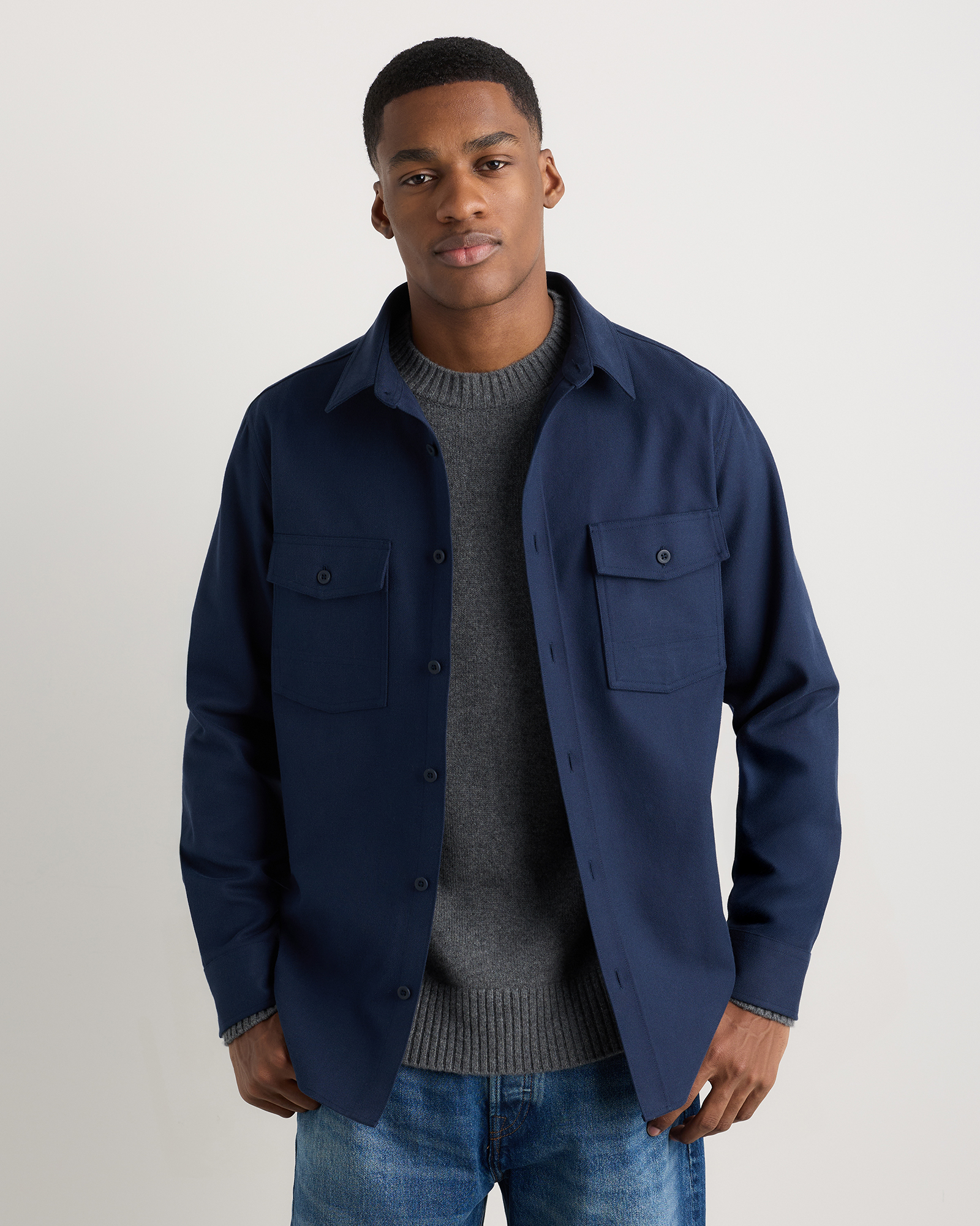 Deep Navy Brushed Cotton Wool Utility Overshirt