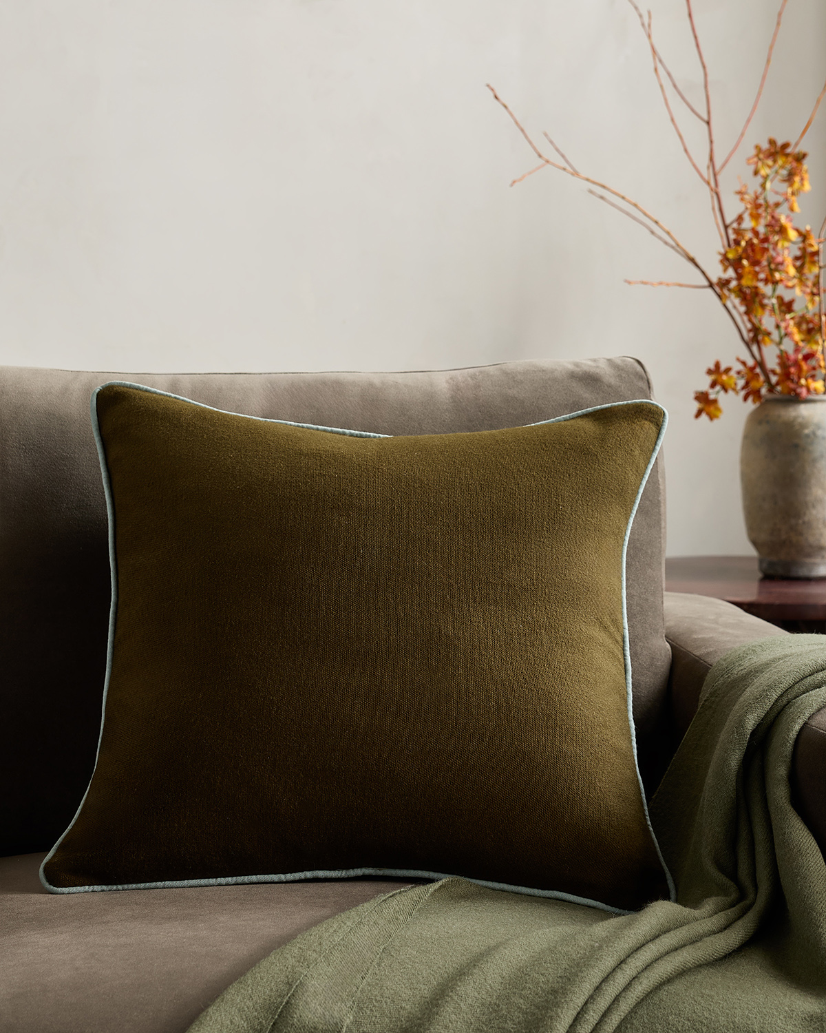 Olive/Light Blue Contrast Piped Wool Pillow Cover